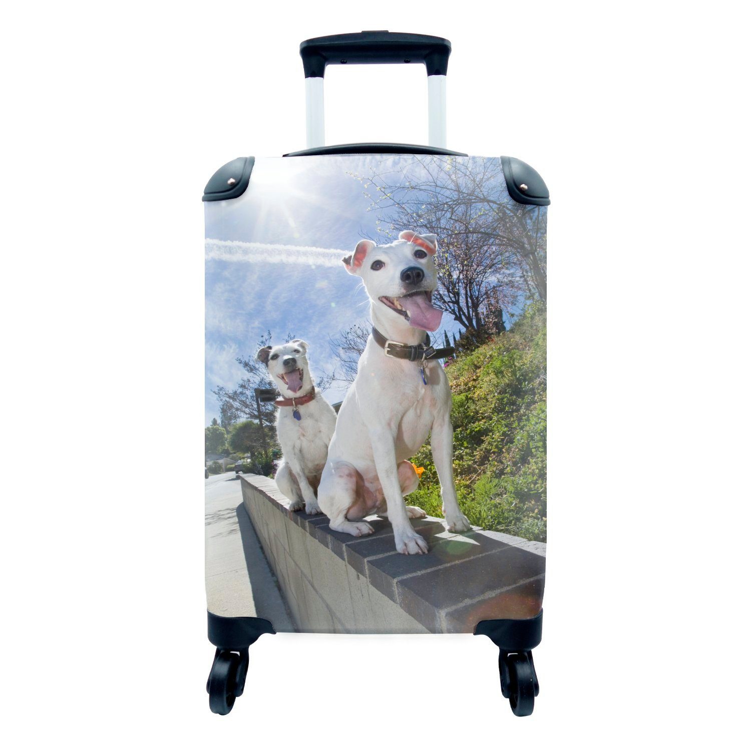 MuchoWow Handgepäckkoffer Zwei Jack Russel Hunde an einer Wand, 4 Rollen, Reisetasche mit rollen, Handgepäck für Ferien, Trolley, Reisekoffer