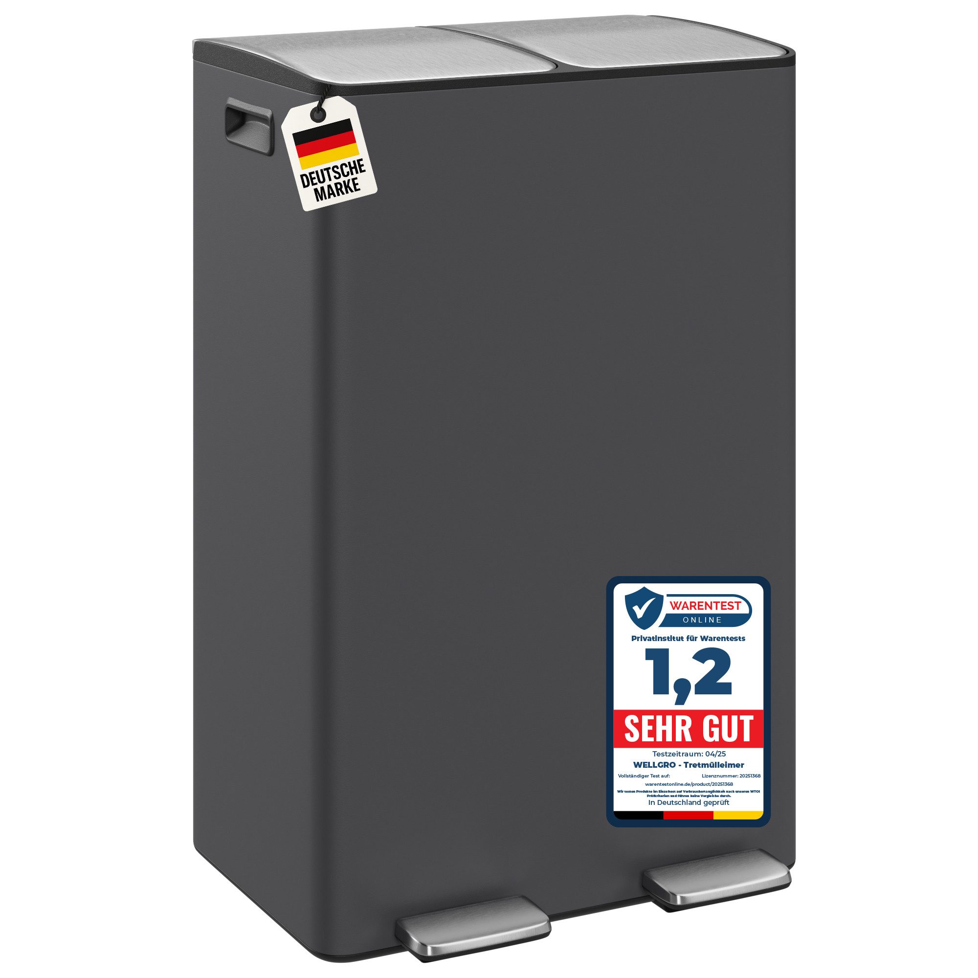 Wellgro Mülleimer Treteimer 2x30L – Edelstahl mit Softclose & Pedal