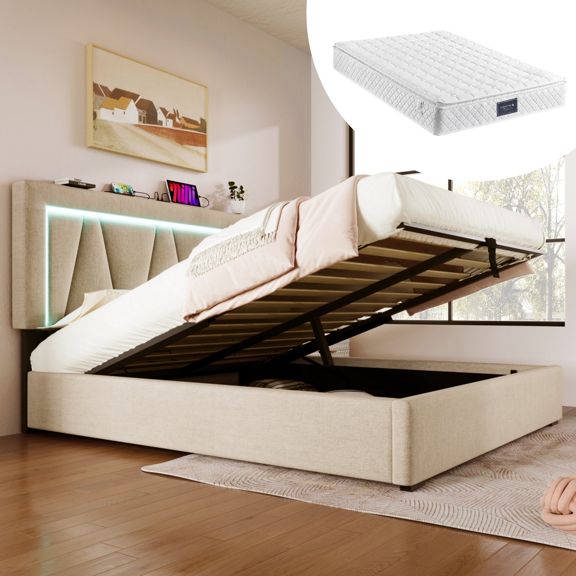 Ulife Polsterbett Doppelbett Stauraumbett Jugendbett mit Hydraulisch, USB T günstig online kaufen