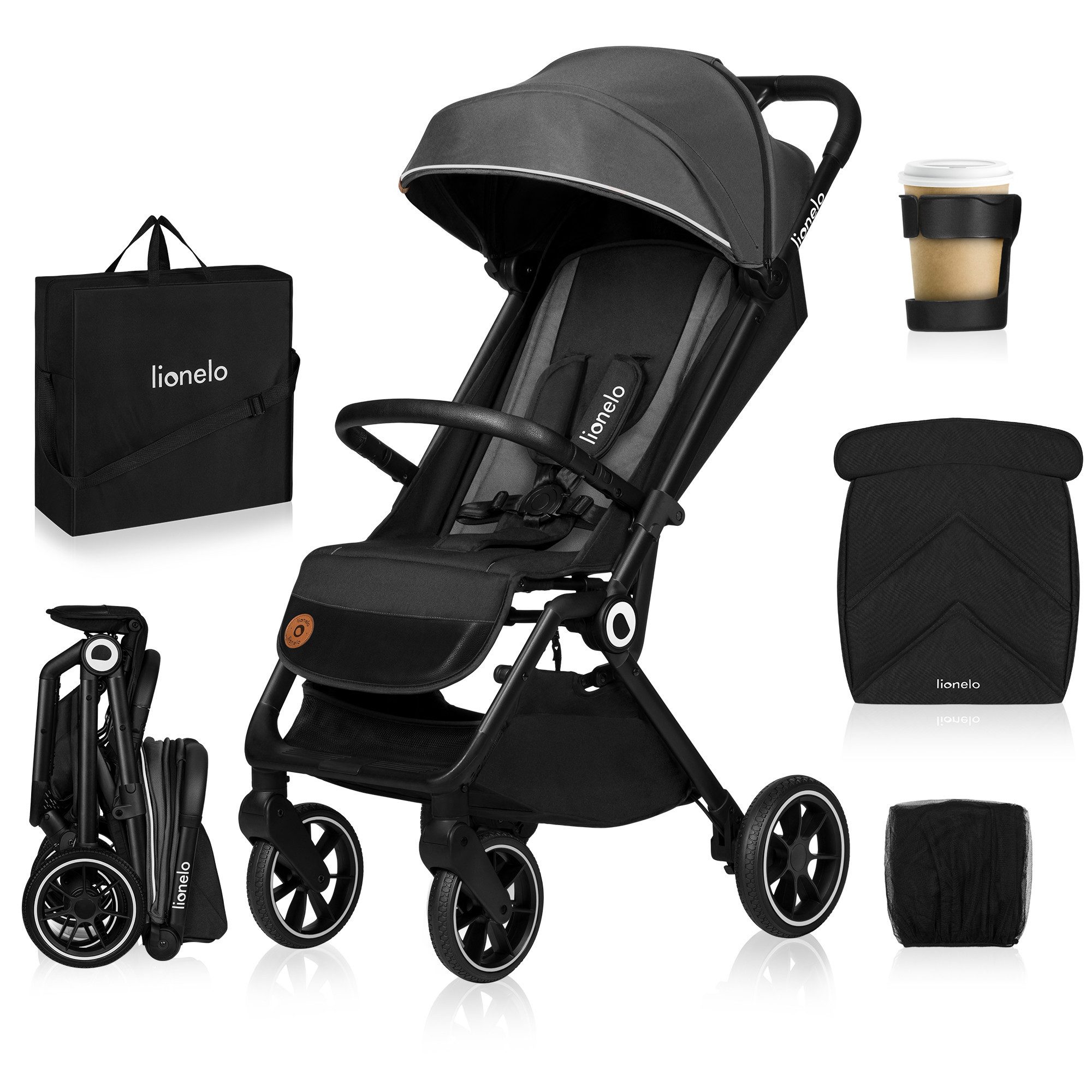 lionelo Kinder-Buggy CLOOE, (Set mit Moskitonetz, Becherhalter, Fußabdeckung und Tragegurt für die Schulter), Auto-Folding/PU-Räder/XXL-Verdeck/Tragegurt/8,2 kg