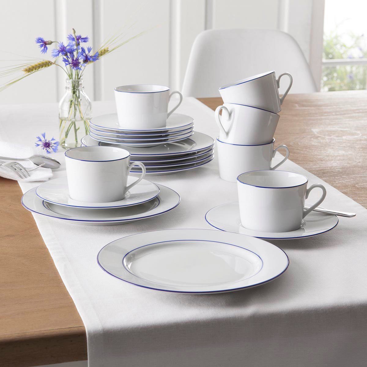 Retsch Arzberg Kaffeeservice Geschirr-Set, Service Heike Blaurand (18-tlg), 6  Personen, Porzellan, maritimer, blauer Rand, Made in Germany, 18 Teile, für 6  Personen