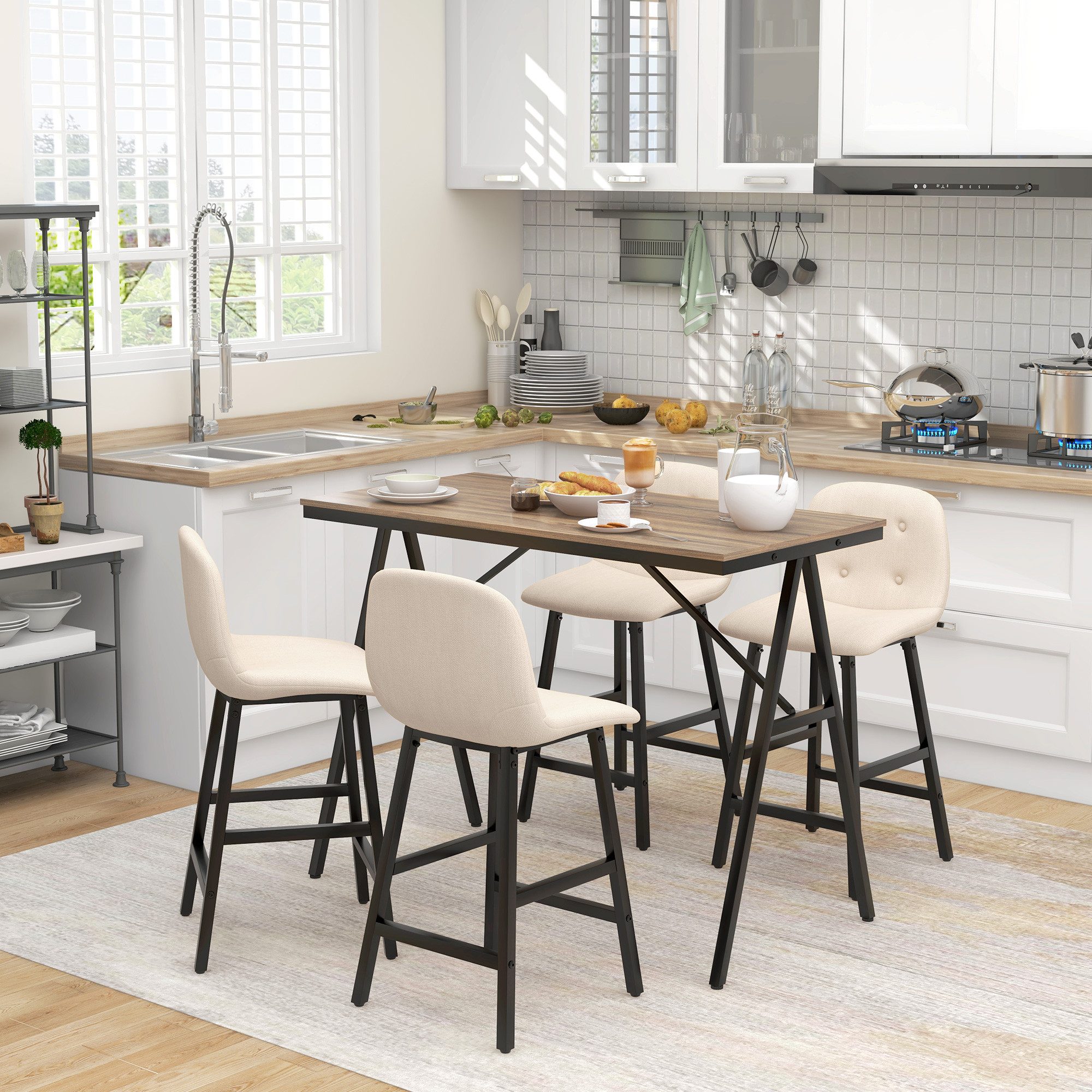 HOMCOM Bargruppe Bartisch mit Barhocker-Set Esstisch mit 4 Stühlen mit Rückenlehne, (Bartisch-Set, 5-tlg., 5-teiliges Bartisch-Set), Beige