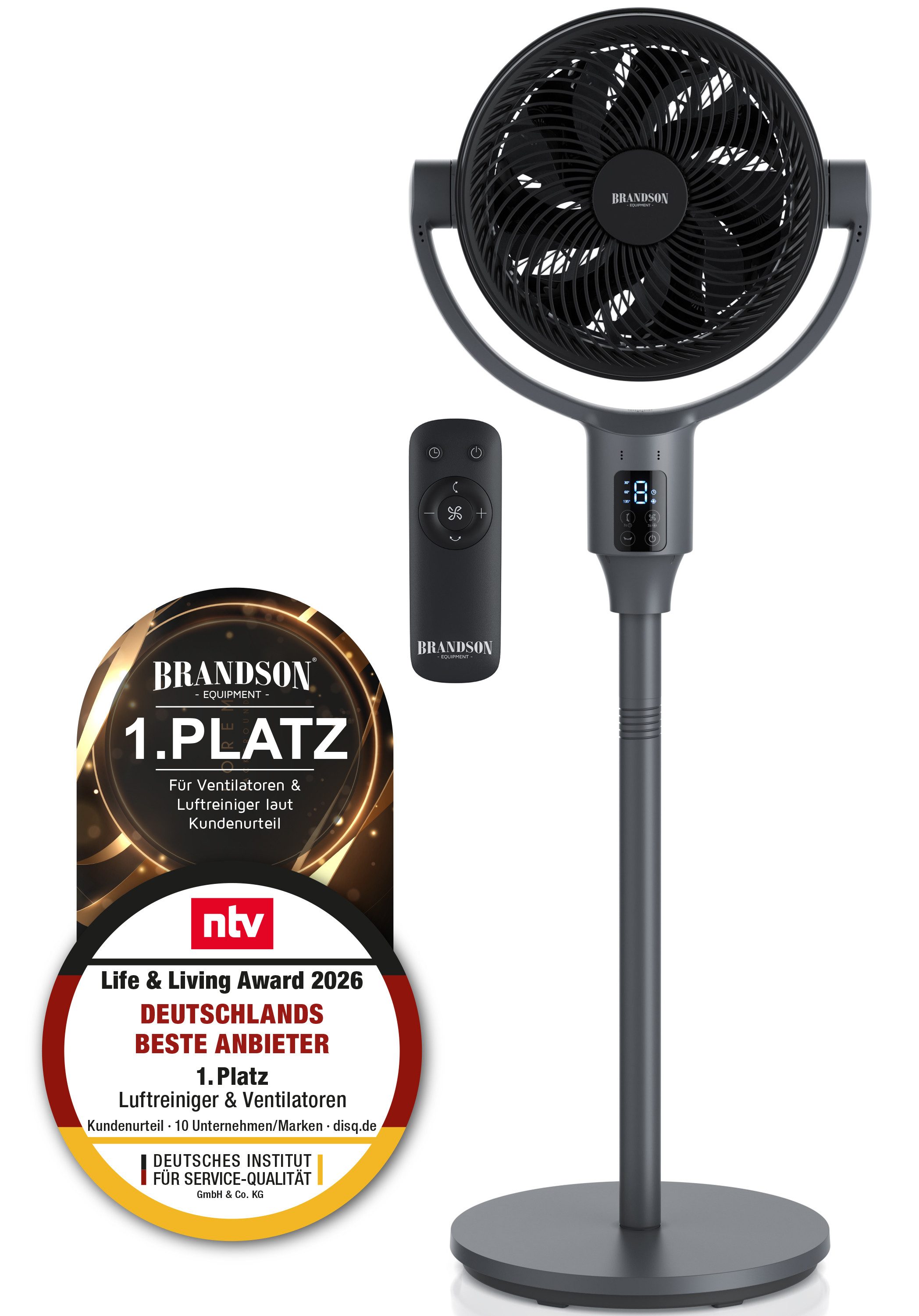 Brandson Standventilator 3D Oszillation, Dual Blade, DC, Fernbedienung, Sieger NTV Award 2026, ECO Motor, 9 Geschwindigkeiten, höhenverstellbar, Duftfach, Timer