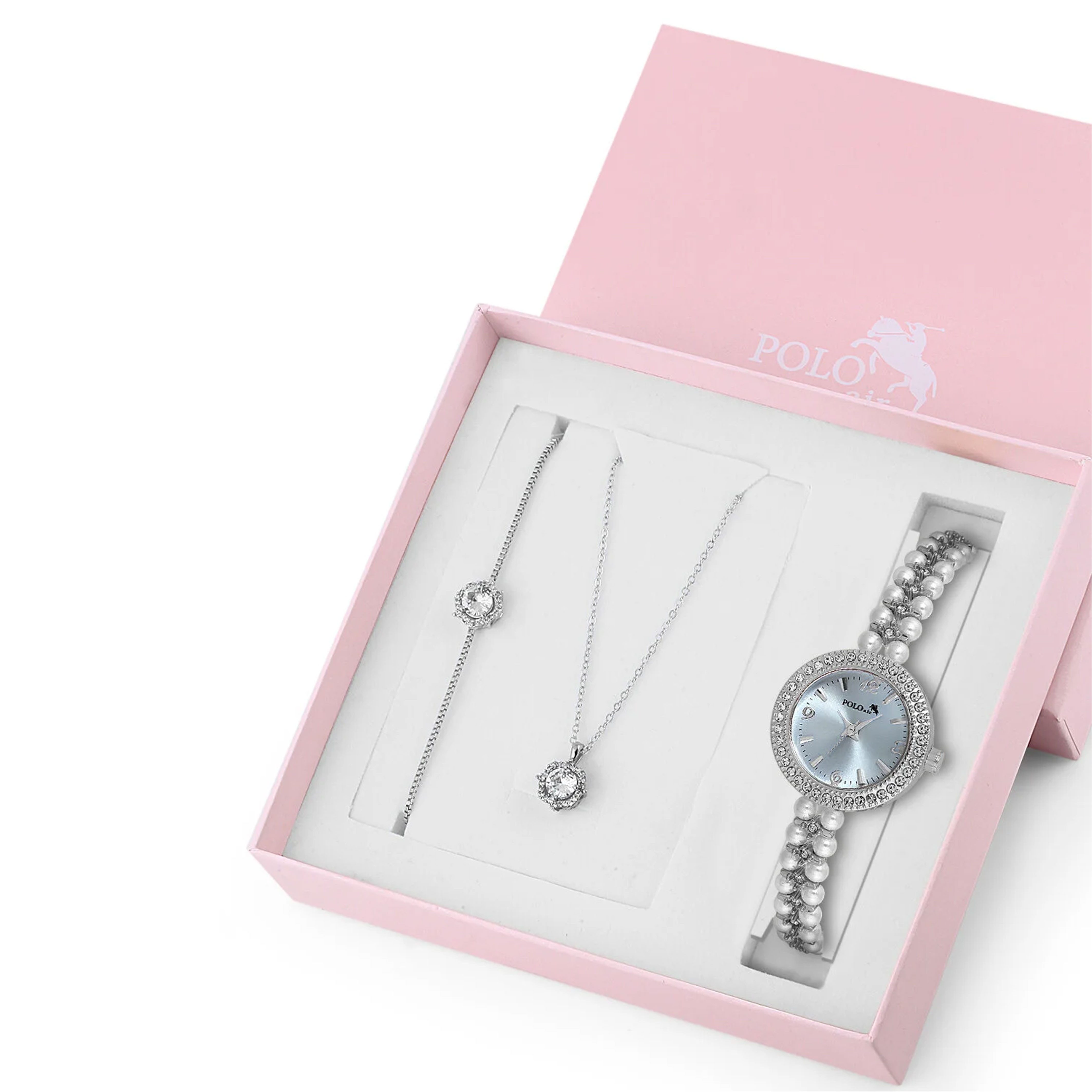Jungengel Schmuckset Polo Air Pearl Sky Geschenkset Damen Uhr Schmuckset Halskette Armband (Set, 3-tlg., Geschenkbox inklusive, Damenuhr mit Perlenarmband), Edles Damen Geschenkset mit Uhr Halskette Armband und Geschenkbox