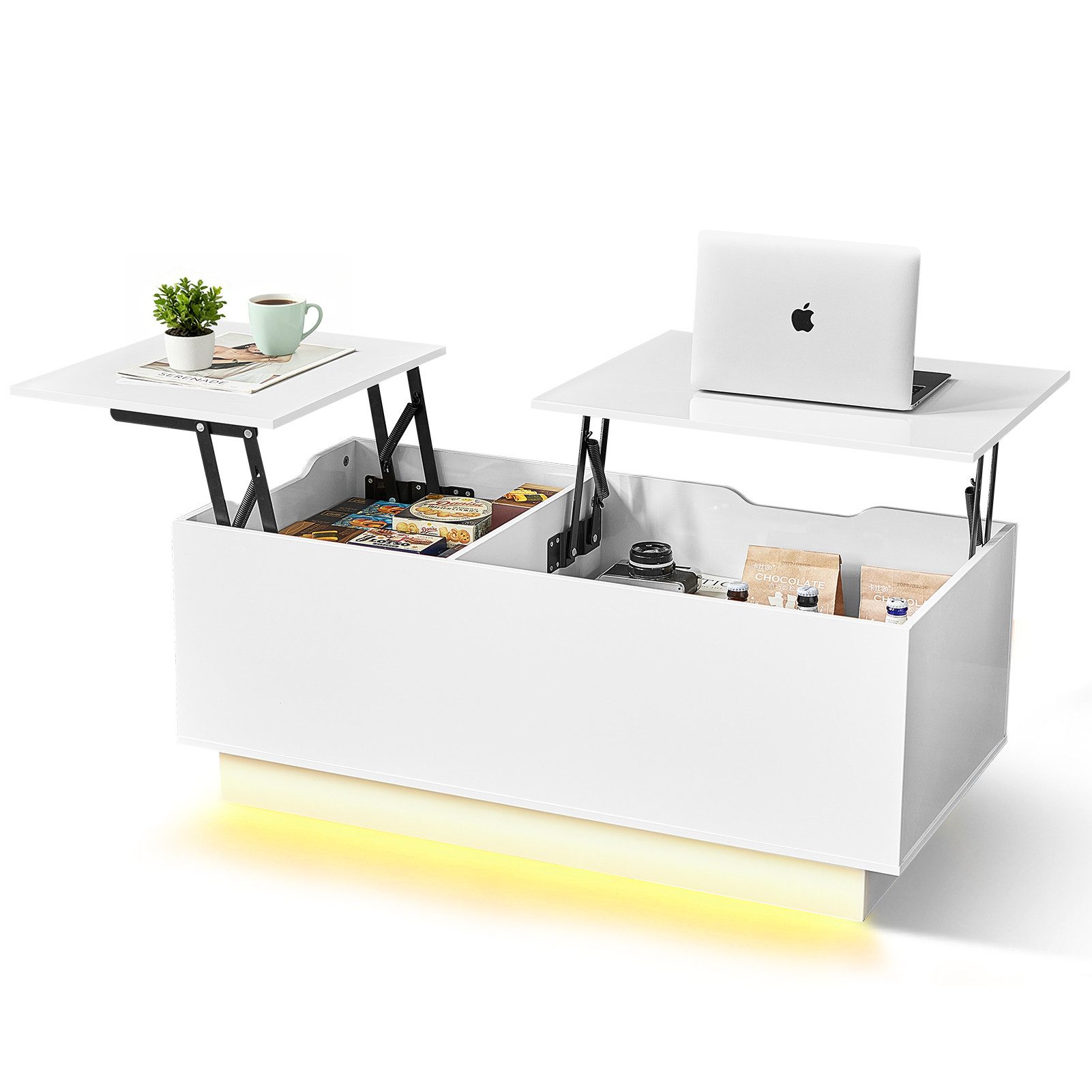 JanflyHome Couchtisch Kaffeetisch Schreibtisch Wohnzimmertisch, höhenverstellbar, Hochglanz (1-St), mit Stauraum, LED-Beleuchtung und Schubladen