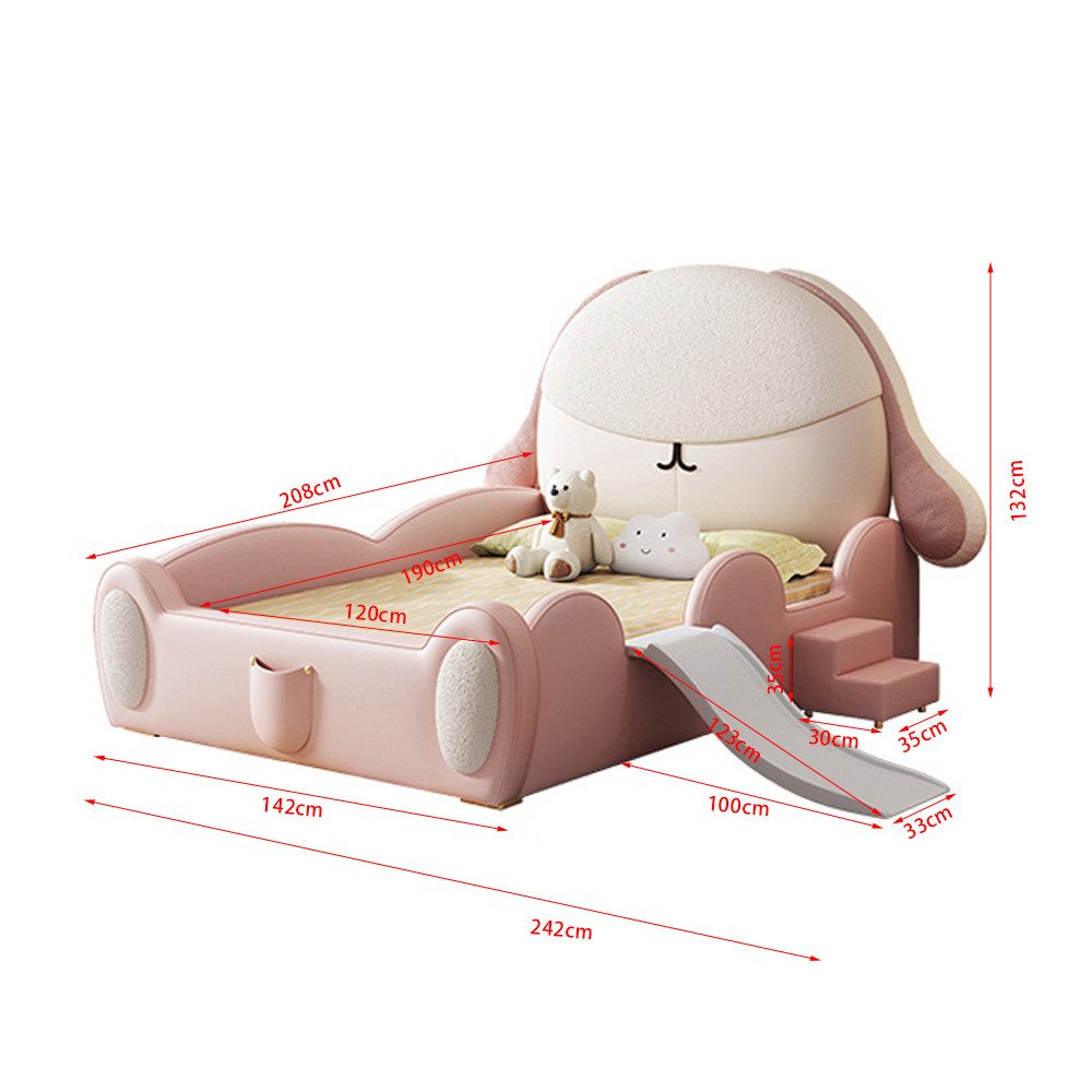 Muxing Kinderbett Hund mit Rutsche und Treppe (1-tlg), 120×190cm, rosa+weiß