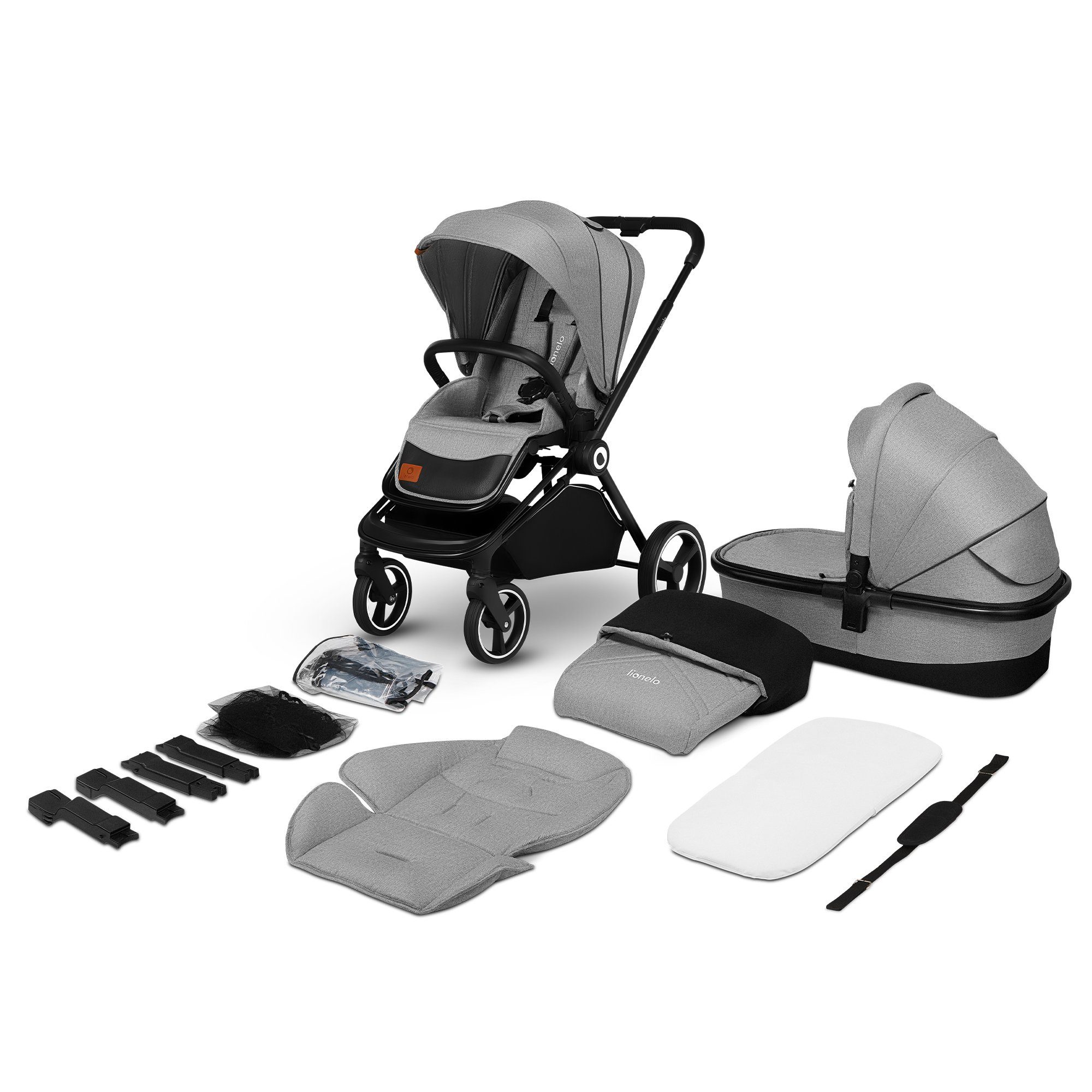 lionelo Kombi-Kinderwagen LO-MIKA 2in1, 5-Punkt-Gurte ZUBEHÖR 2in1BABYWANNE 0-22kg grau