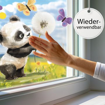 Sunnywall Fensterdekoration wiederverwendbares Fensterbild niedlicher Panda mit Pusteblume, wiederverwendbar, statisch haftend, beidseitiger Druck, nachhaltig