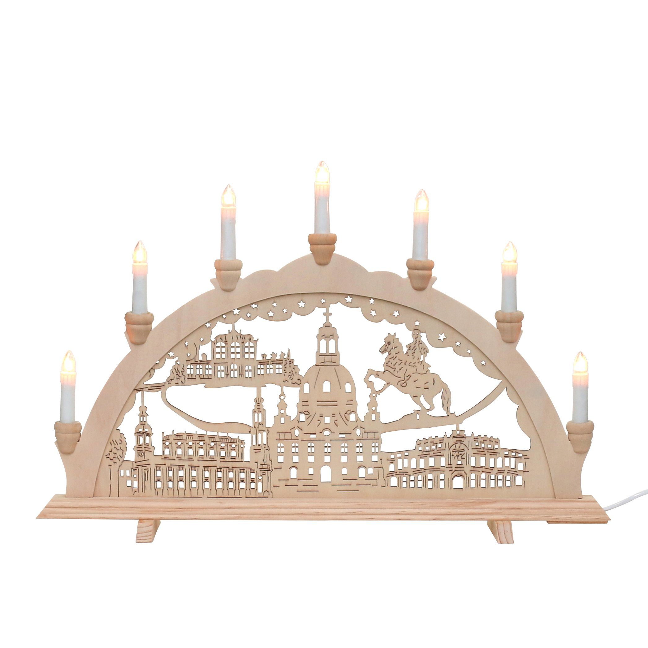 Dekohelden24 Schwibbogen 7-flammiger Schwibbogen, Motiv: Dresden, L/B/H ca. 58 x 4 x 38 cm.