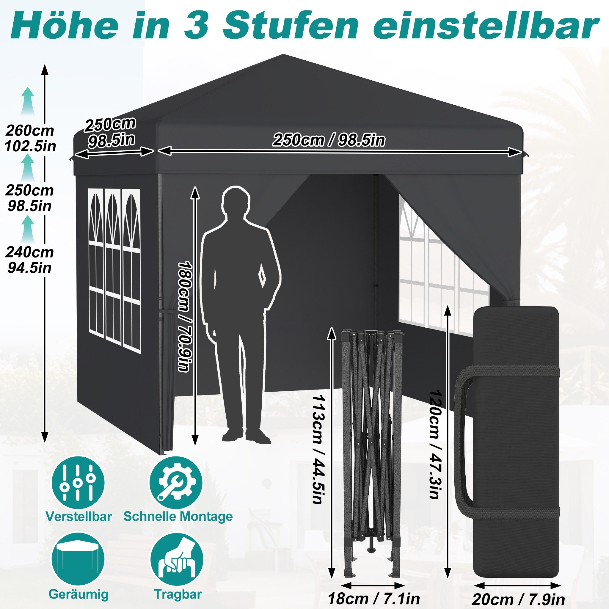 FIVMEN Partyzelt Pop Up Pavillon 2.5x2.5m Stabil Faltpavillon mit 4 Seitenwänden, Partyzelt Faltbar für Hochzeit Innenhof Höheverstellbar 240-260cm – Bild 2 von 5