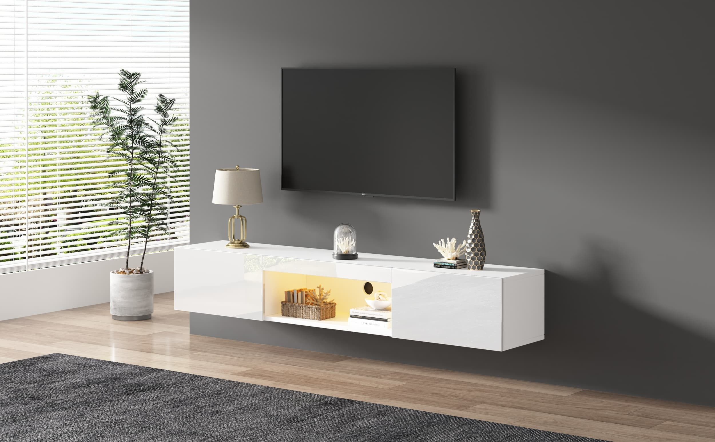 Lowboard TV-Schrank mit LED-Beleuchtung Bluetooth-APP-Steuerung für 70-Zoll-TV