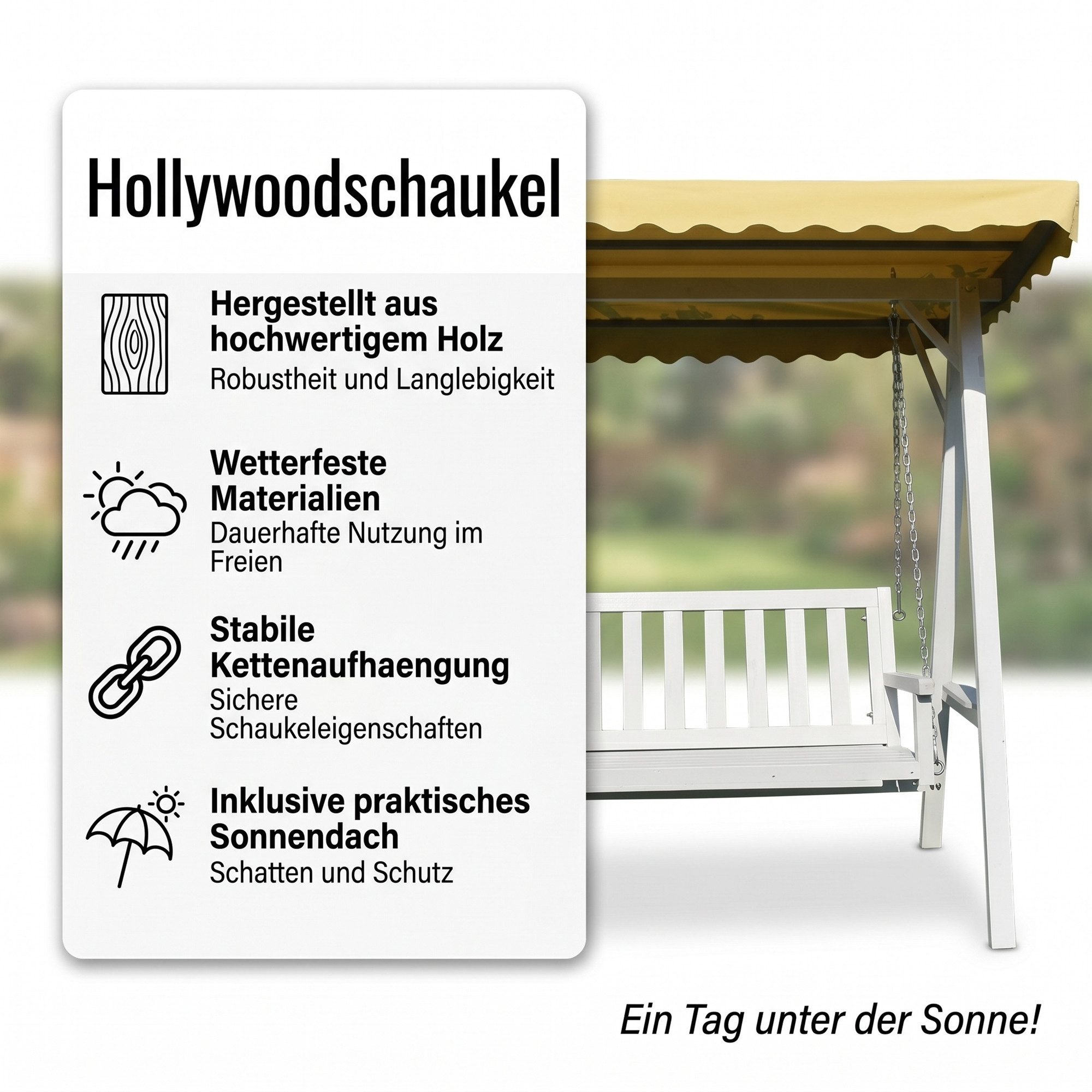 Mucola Hollywoodschaukel Hollywoodschaukel Gartenschaukel Hängeschaukel Schaukelbank Holz Dach, 2,00-Sitzer, Schaukel, Stück, Premium-Hollywoodschaukel, Stabile Kettenaufhängung