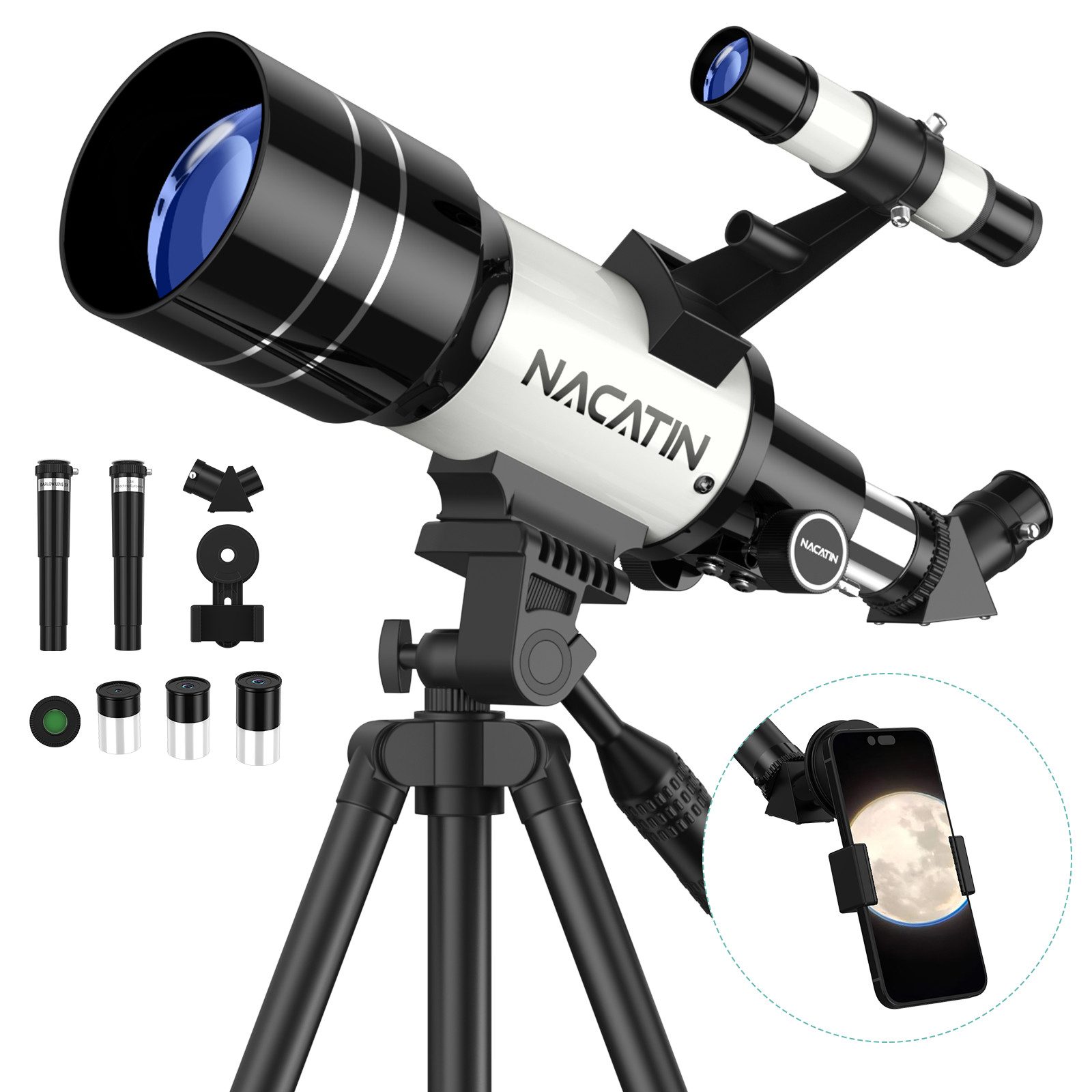 NACATIN Teleskop Kinder & Einsteiger Refraktor-Teleskop 70mm/300mm Tubuslänge, mit Stativ,15X-150X,Handy-Adapter
