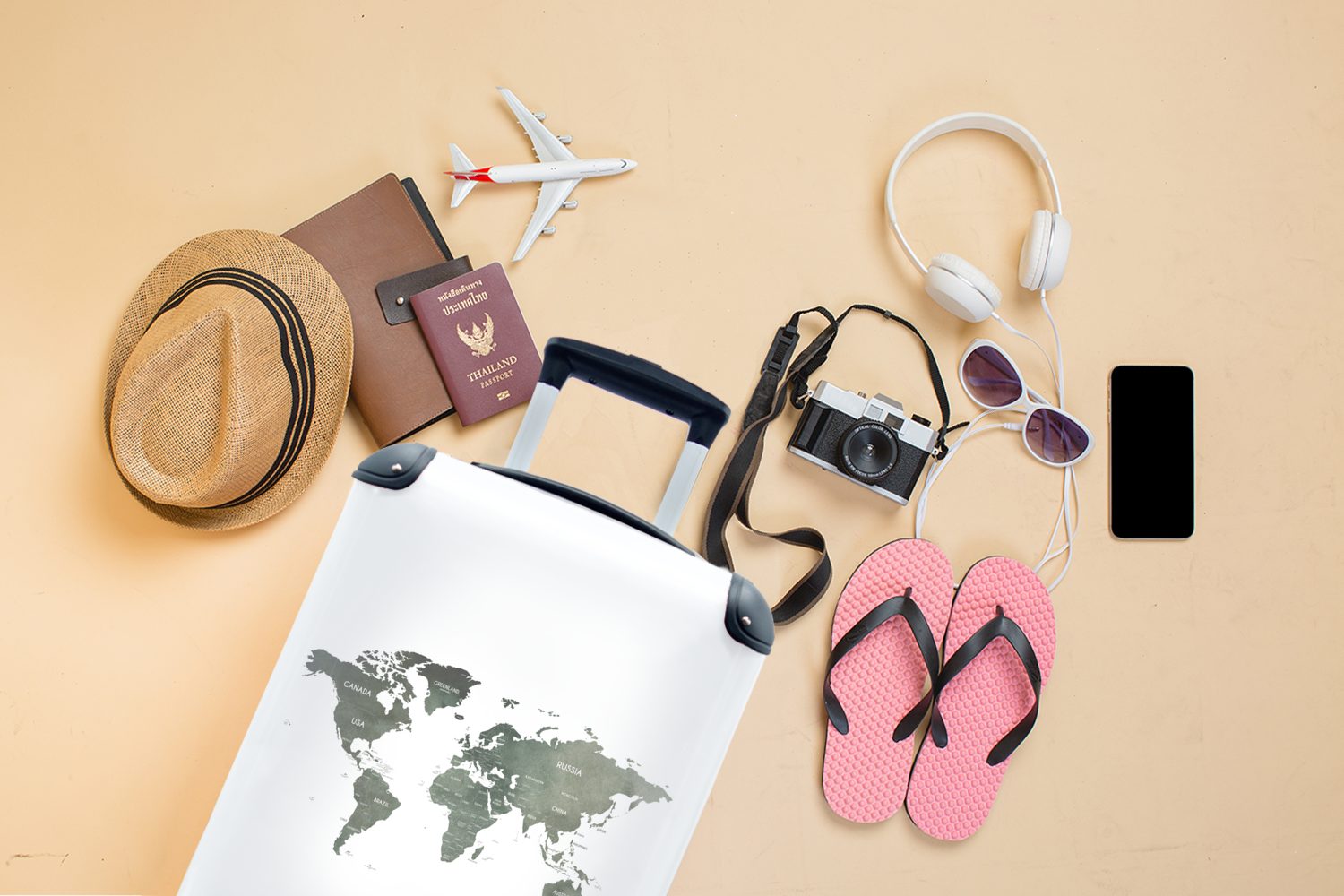 Weltkarte Reisekoffer Handgepäckkoffer 4 Länder, Handgepäck rollen, Rollen, Ferien, Reisetasche MuchoWow - mit - Trolley, für Grün