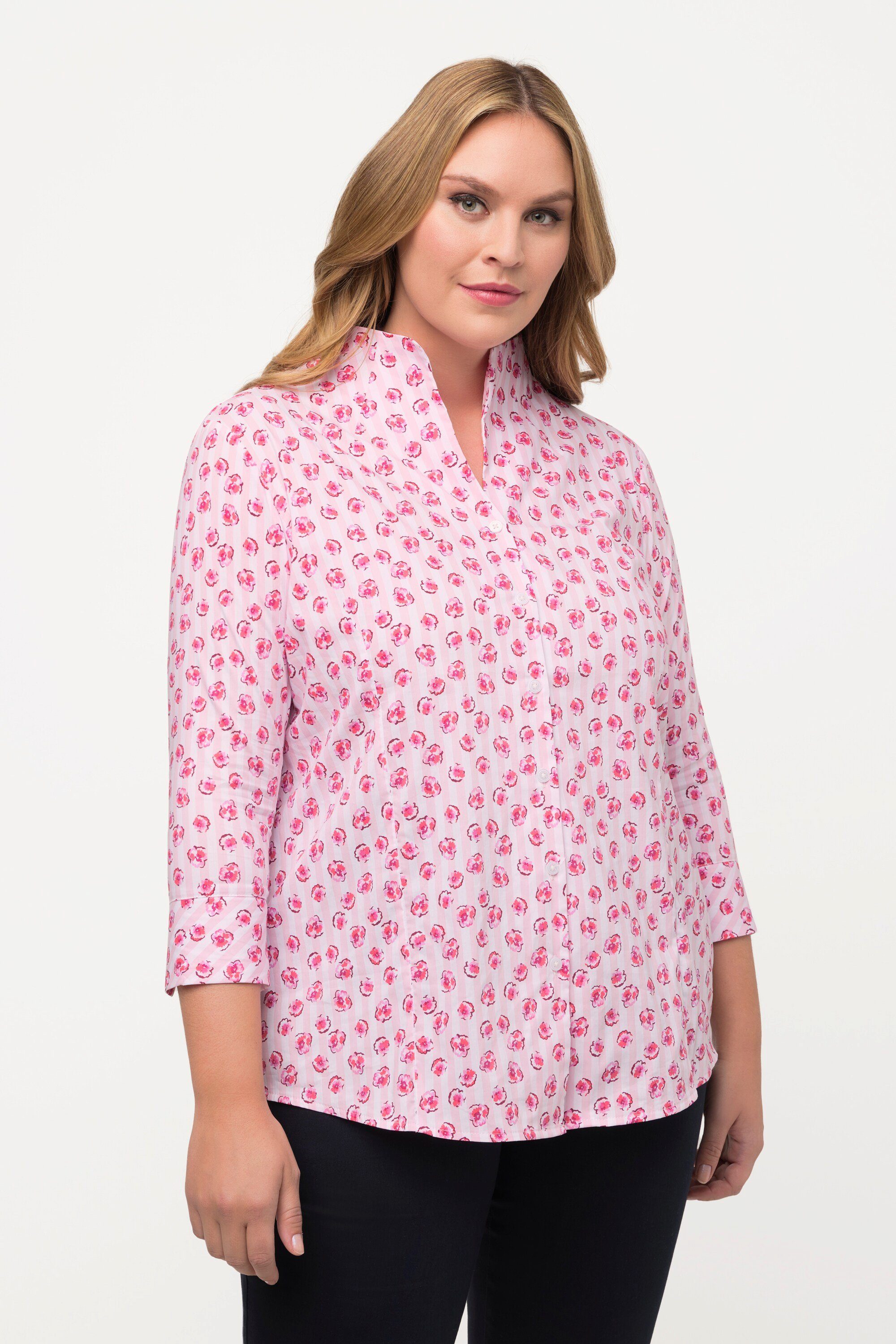 Ulla Popken Longbluse Bluse Blüten Streifen Kelchkragen 3/4-Arm