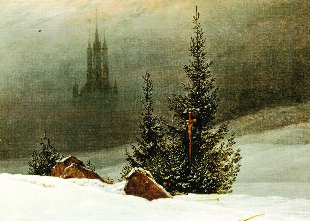 Kollektionsneuigkeiten! Postkarte Kunstkarte Caspar David Friedrich "Winterlandschaft Kirche" mit