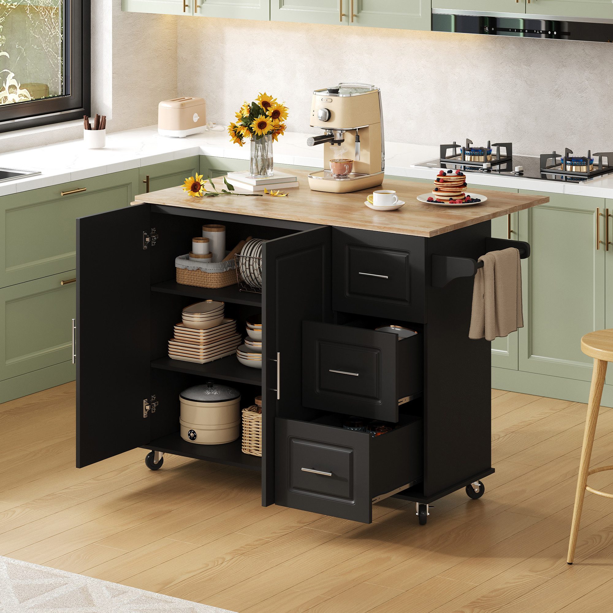 Ulife Kücheninsel Großer mobiler Küchentisch aus Eichenholz – klappbar & multifunktional, 3 Schubladen, Handtuchhalter, für Küche/Esstisch (L137×B43/76×H92cm)