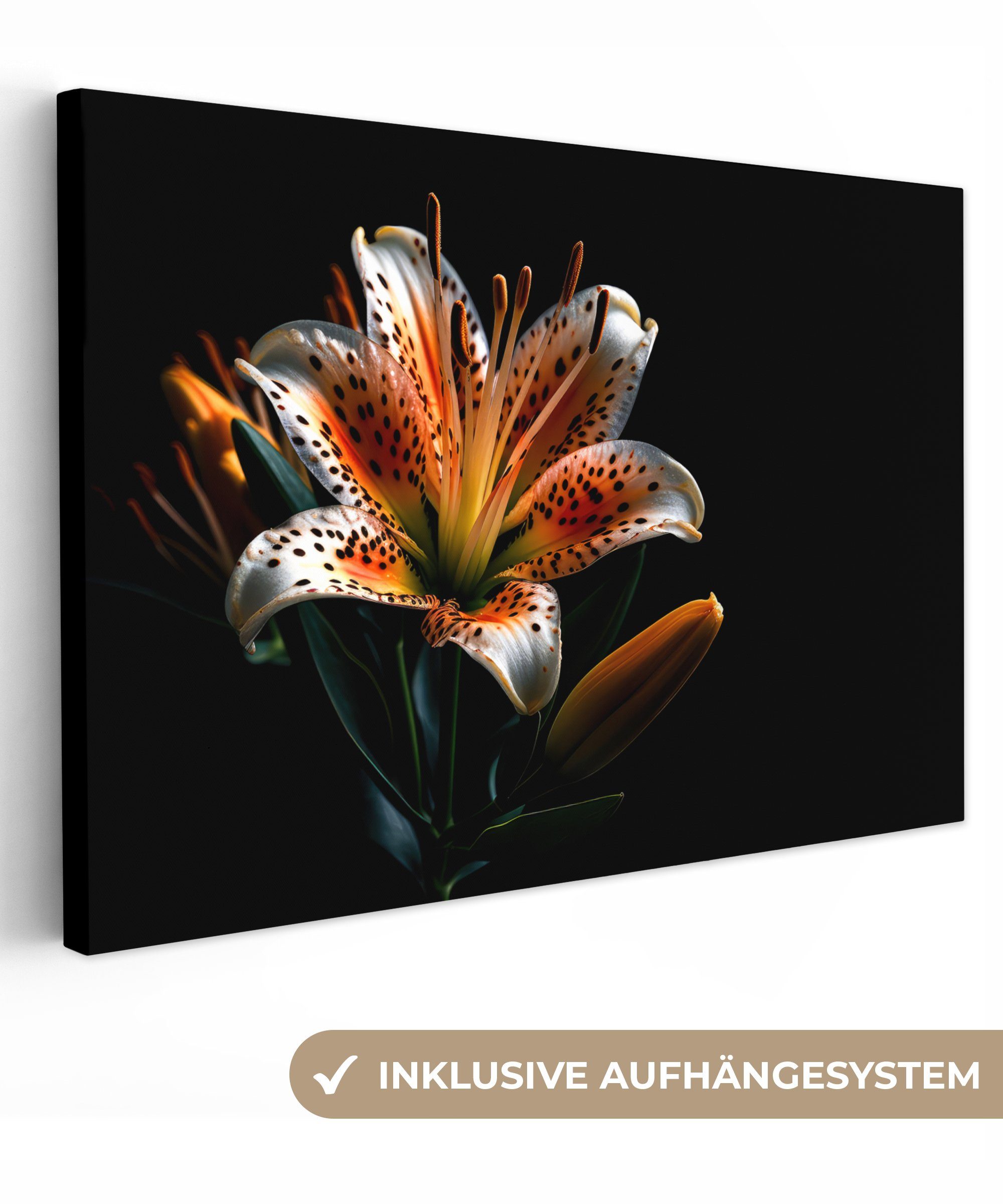 OneMillionCanvasses® Leinwandbild Blumen - Lilie - Orange - Porträt - Schwarz, (1 St), Wandbild Leinwandbilder, Aufhängefertig, Wanddeko, 30x20 cm