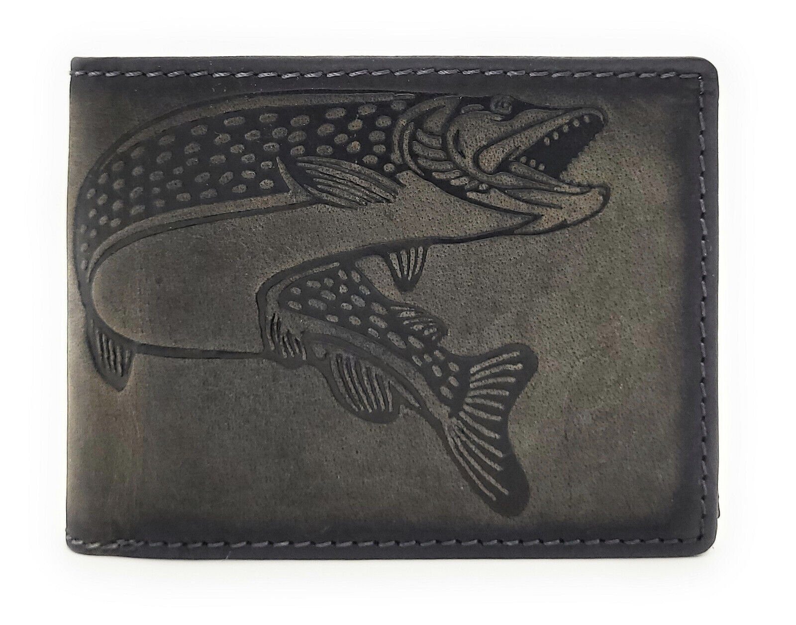 JOCKEY CLUB Geldbörse echt Leder Portemonnaie Hecht mit RFID Schutz, schönes Geschenk für Angler und Fischer Grau