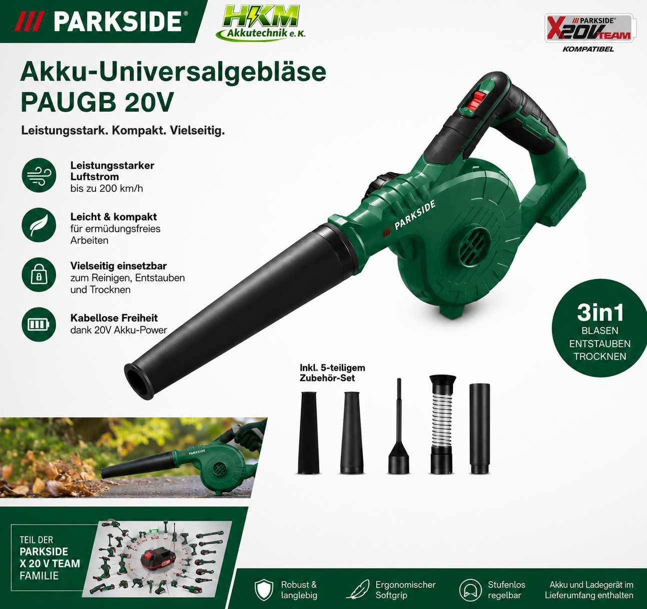 Parkside Akku-Laubbläser 20 VAkku-Universalgebläser PAUGB, Laubbkäser ohne Akku und Ladegerät