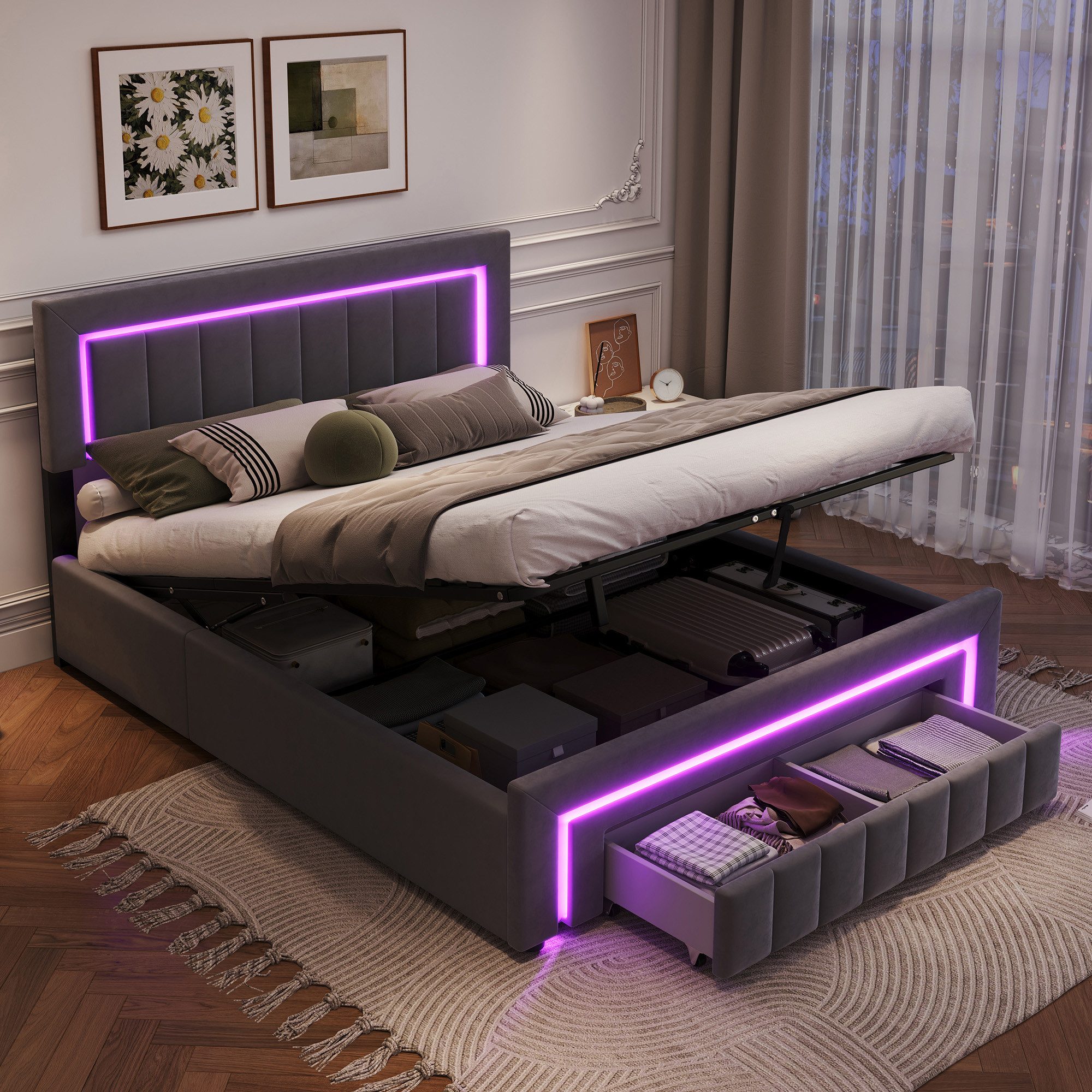 STILVORA Polsterbett 140×190 mit bettkasten,Funktionbett Boxspringbett mit LED & Schubladen (verstärkter Metallrahmen, stabiler Lattenrost, Gepolstertes Kopfteil, Bettkasten mit Hydraulik, Bettgestell mit Gepolstertes Kopfteil), mit einem Hebeseil, Samt-Stoff, Grau