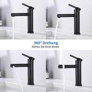 HOMELODY Badarmatur Schwarz Wasserhahn Bad 360° Drehbar Waschtischarmatur Einhebel mit 2 Schläuche Einhebelmischer Waschbecken Armaturen für Bad