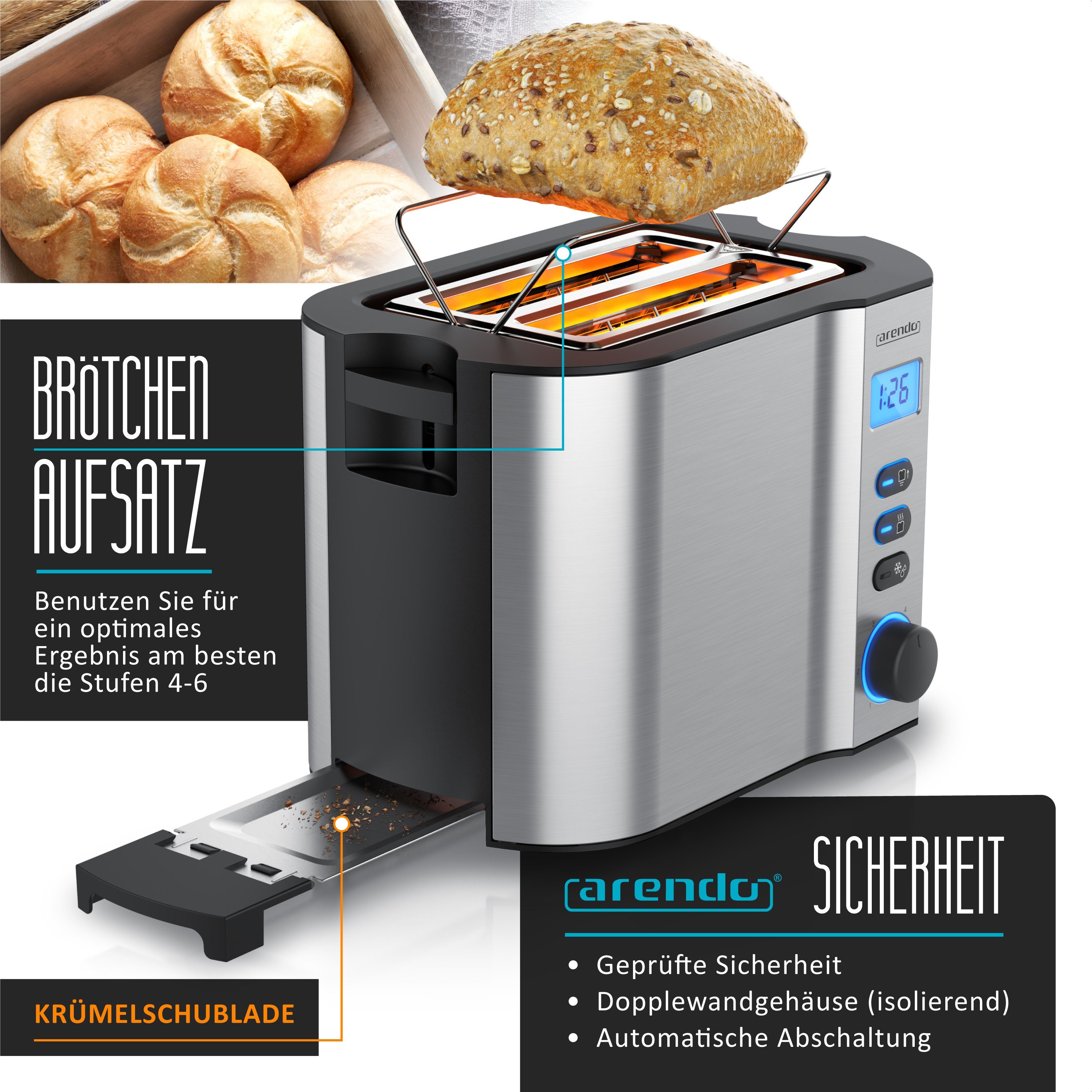 Arendo Toaster Edelstahl, 2 Scheiben Kurz, Kurzschlitz, Display, Restzeitanzeige, 2 kurze Schlitze, für 2 Scheiben, 800 W, Integrierter Brötchenaufsatz, Doppelwandgehäuse Wärmeisoliert