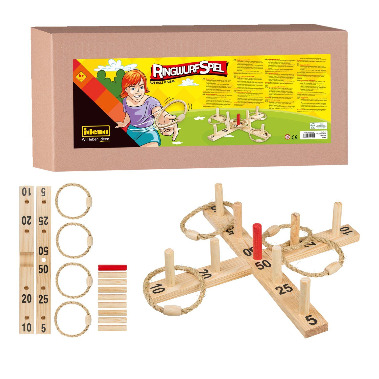 Idena Spiel Idena 40199 - Ringwurf-Spiel aus Holz mit 9 Spielstäben und 4 Ringen