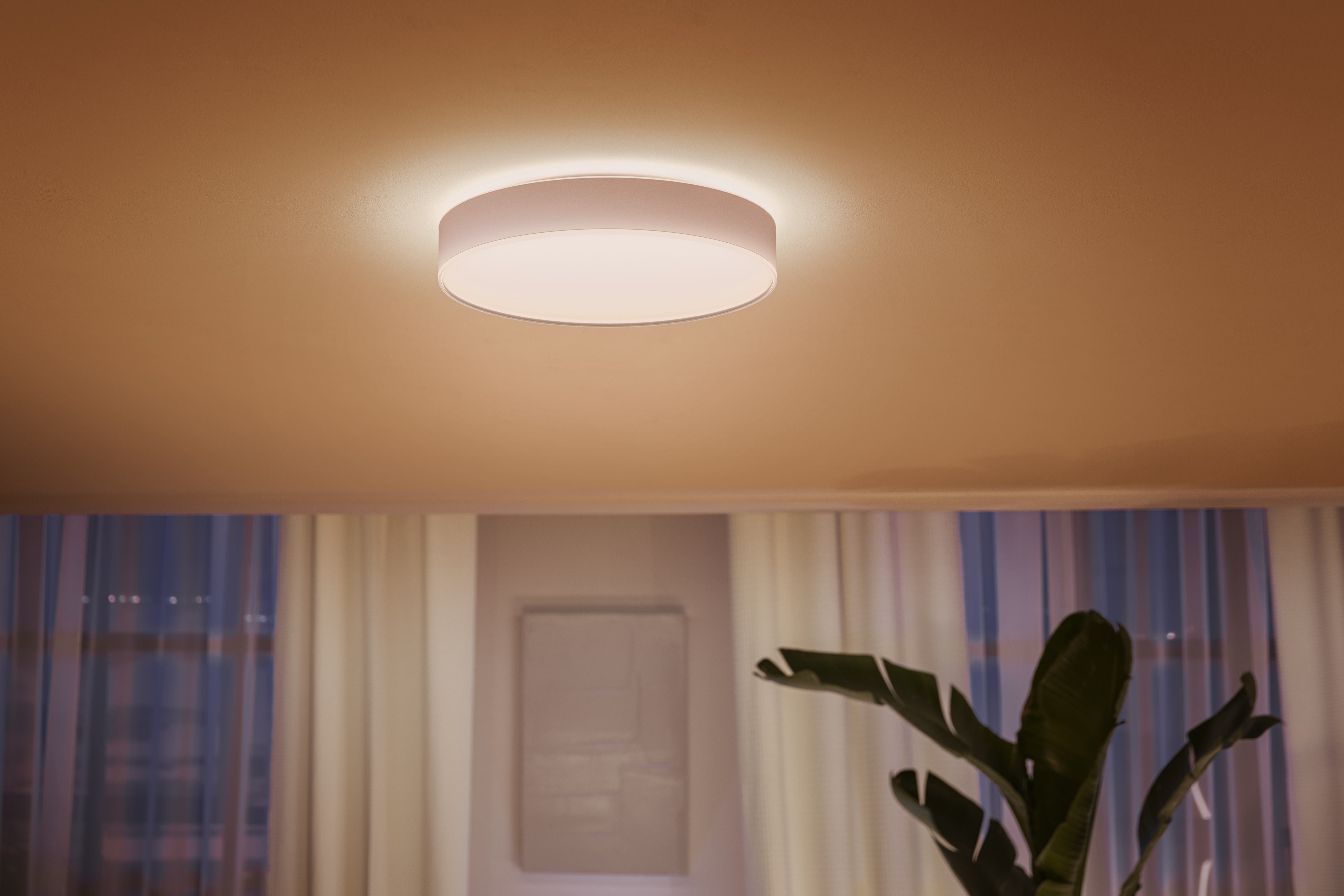 Philips Hue LED Deckenleuchte White Ambiance Enrave Deckenleuchte L, Abschaltautomatik, Bluetooth, CCT - über Fernbedienung, Dimmer, Dimmfunktion, Farbsteuerung, Fernbedienung, Infrarot inkl., Leuchtdauer einstellbar, Memoryfunktion, Nachtlichtfunktion, Smart Home, Timerfunktion, dimmbar über Fernbedienung, erweiterbar, mehrere Helligkeitsstufen, LED fest integriert, warmweiß - kaltweiß, inkl. Philips Hue Dimmschalter