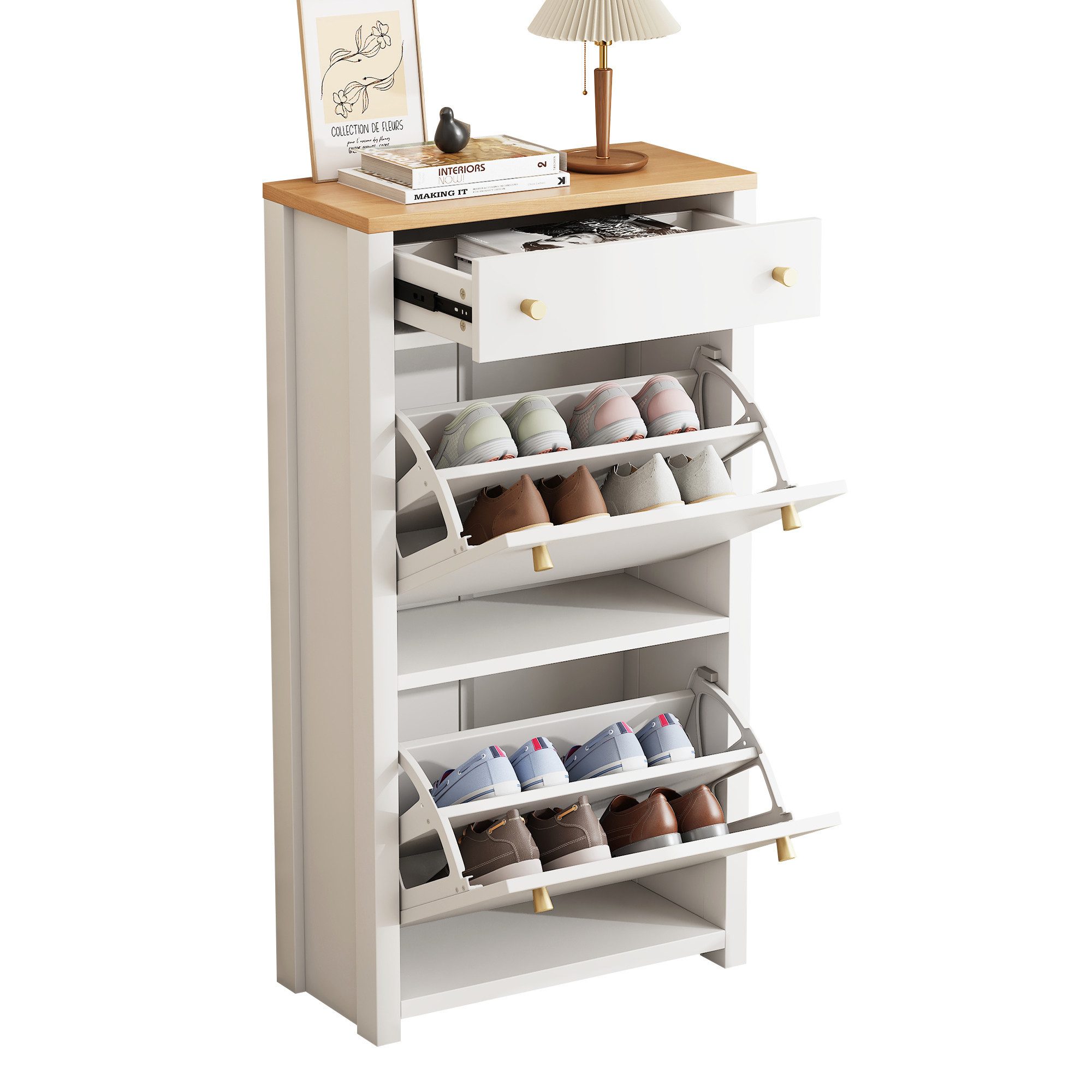 Yorbay Schuhschrank mit Schublade & verstellbaren Böden,Schmaler Klappschuhschrank (50 × 24 × 95 cm,Schwarz/Weiß mit Holzoptik)
