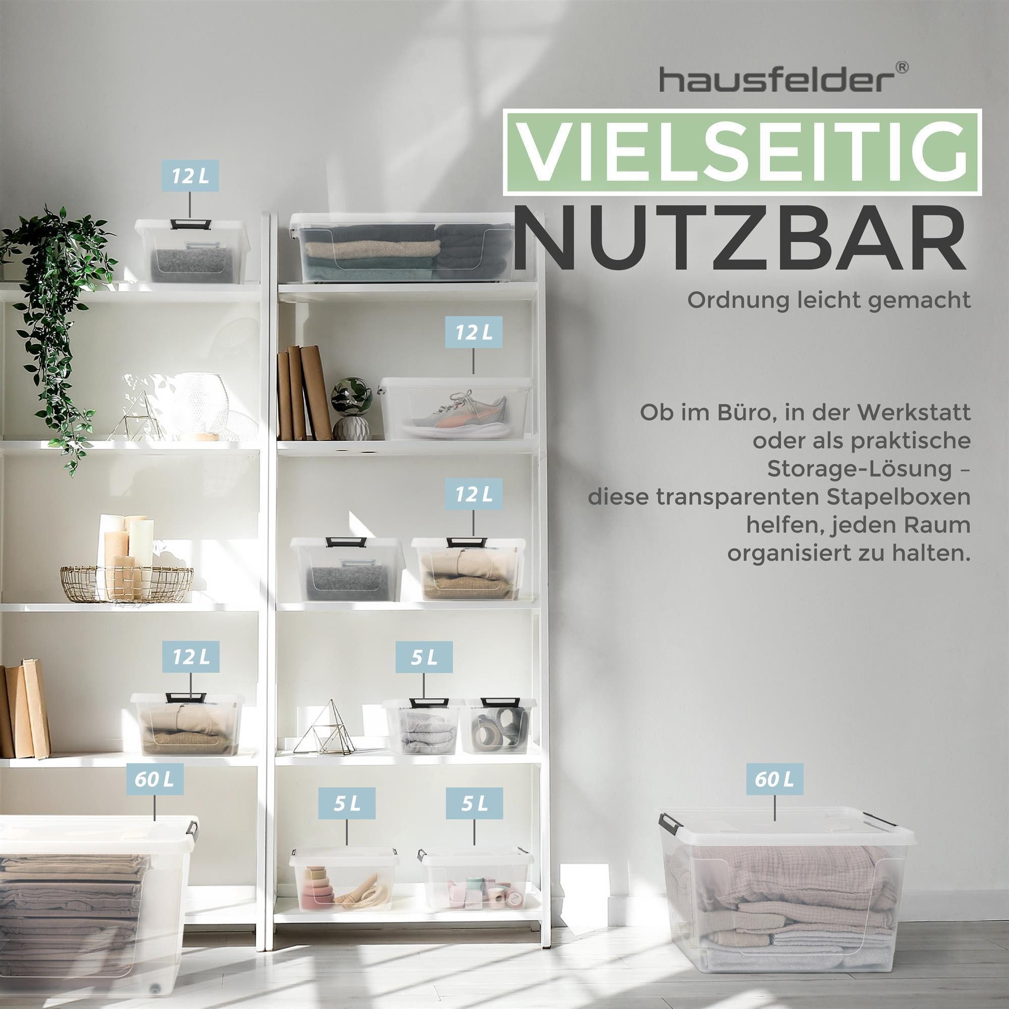 Hausfelder Aufbewahrungsbox Ordnungsboxen mit Deckel und Verschlussclips,12 l, 4 Stück (4er Set, 4 St., 4 Boxen + 4 Deckel), stapelbar, mit Klickverschluss, in  – Bild 3 von 5