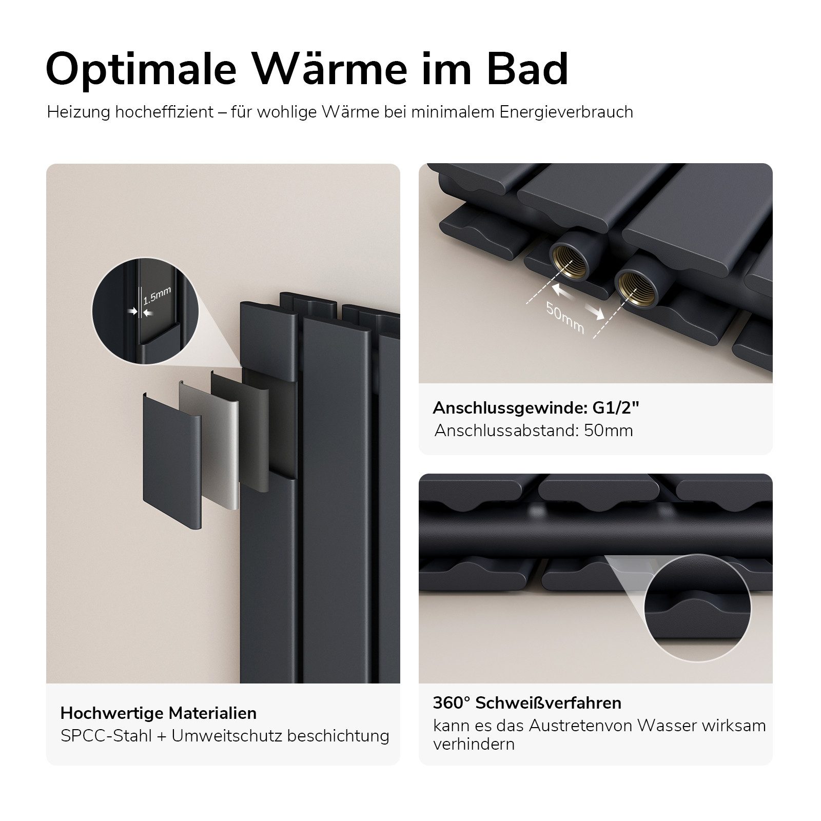 EMKE Heizkörper Doppellagig Flach Horizontal Design Paneelheizkörper, Seitenanschluss Anthrazit 805W für 7qm Raum