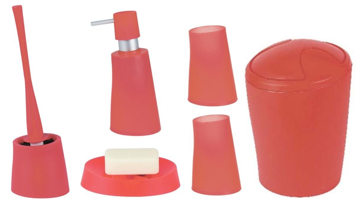 spirella Badaccessoires-Sets MOVE, Zubehör-Set aus hochwertigem Kunststoff PP, 6 tlg., bestehend aus: Kosmetik Schwingdeckeleimer 2L, WC-Bürste, Seifenspender, 2x Zahnputzbecher, Seifenschale, stylish-matter Frost Look, rot, Komplett-Set Badezimmerzubehör, 6 tlg.