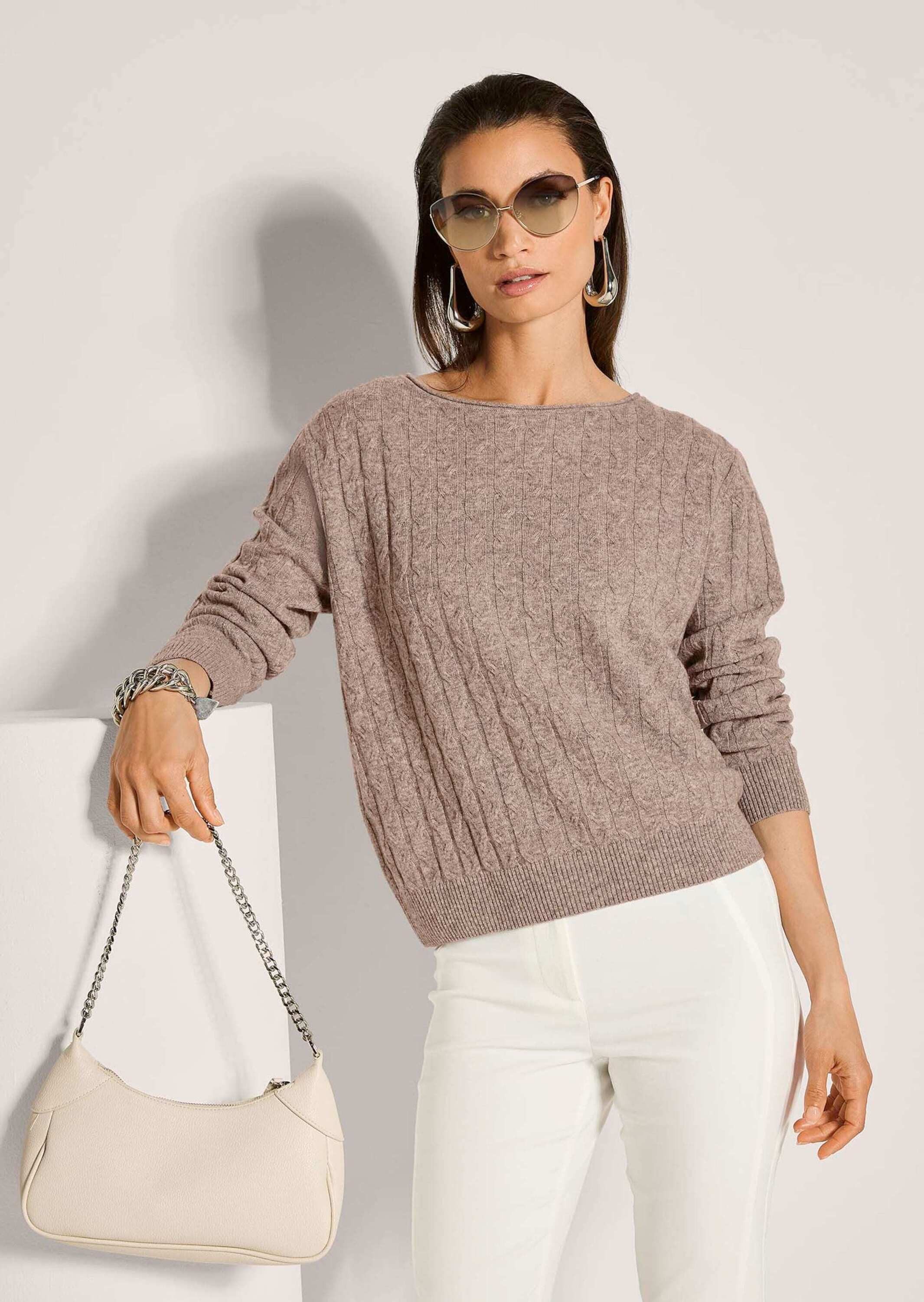 MADELEINE Strickpullover Eleganter Wollpullover mit Zopfmuster Rippstrickpullover mit Rundhals und langen Ärmeln