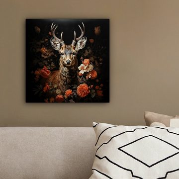 OneMillionCanvasses® Leinwandbild Hirsch - Tier - Blumen - Natur - Botanisch, (1 St), Leinwand Bilder für Wohnzimmer Schlafzimmer, 20x20 cm