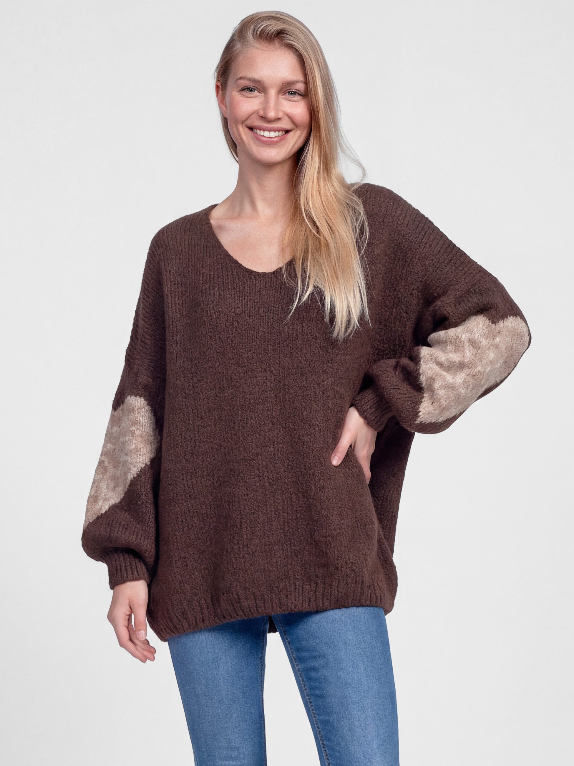 PEKIVESSA Strickpullover Oversized Pullover mit V-Ausschnitt Ärmel mit Herz-Motiv und Leopardenmuster