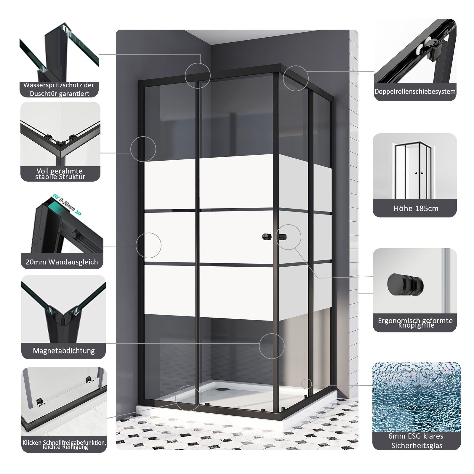 Boromal Eckdusche Duschkabine 75x90 90x75 H:185cm günstig online kaufen