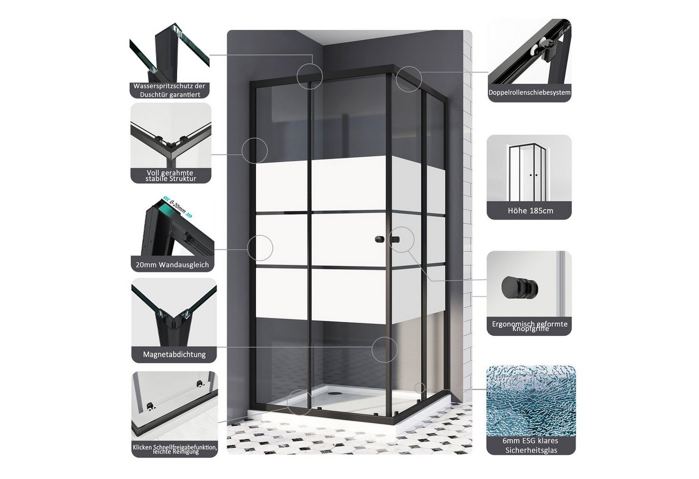 Thumbnail - Boromal Eckdusche Duschkabine 75x90 90x75 H:185cm Eckeinstieg Schiebetür Glas, BxT: 90x75 cm, 5mm Sicherheitsglas ESG, D...