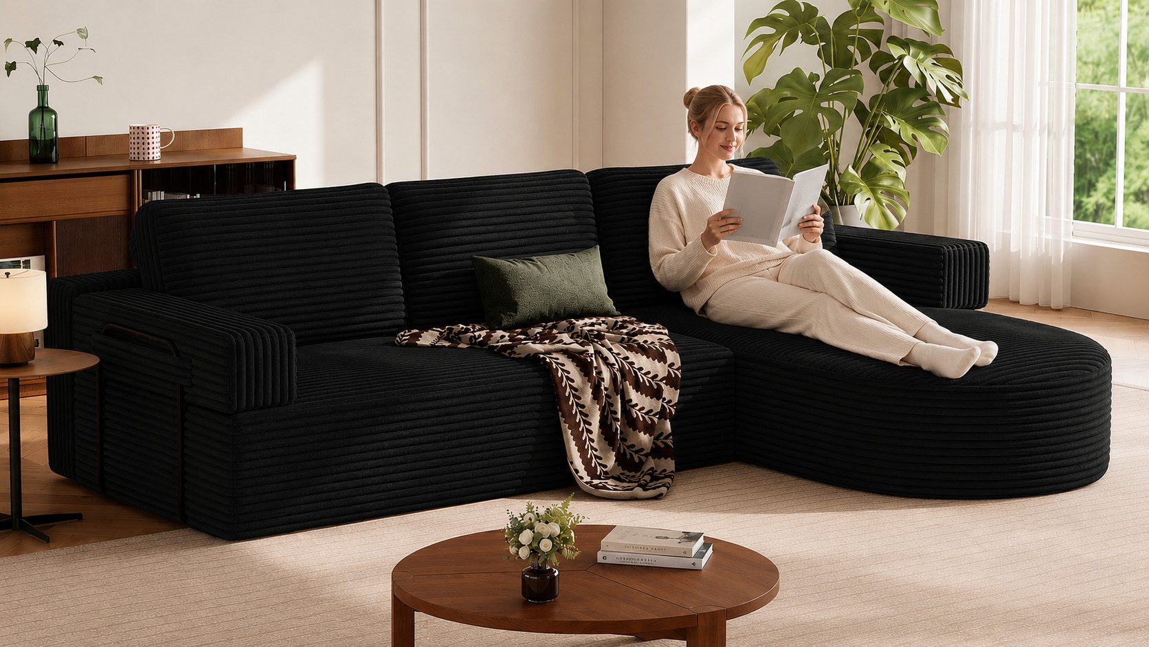 Patbrela Ecksofa Cord Schlafsofa L Form 265cm mit Abgerundeter Chaise Longue