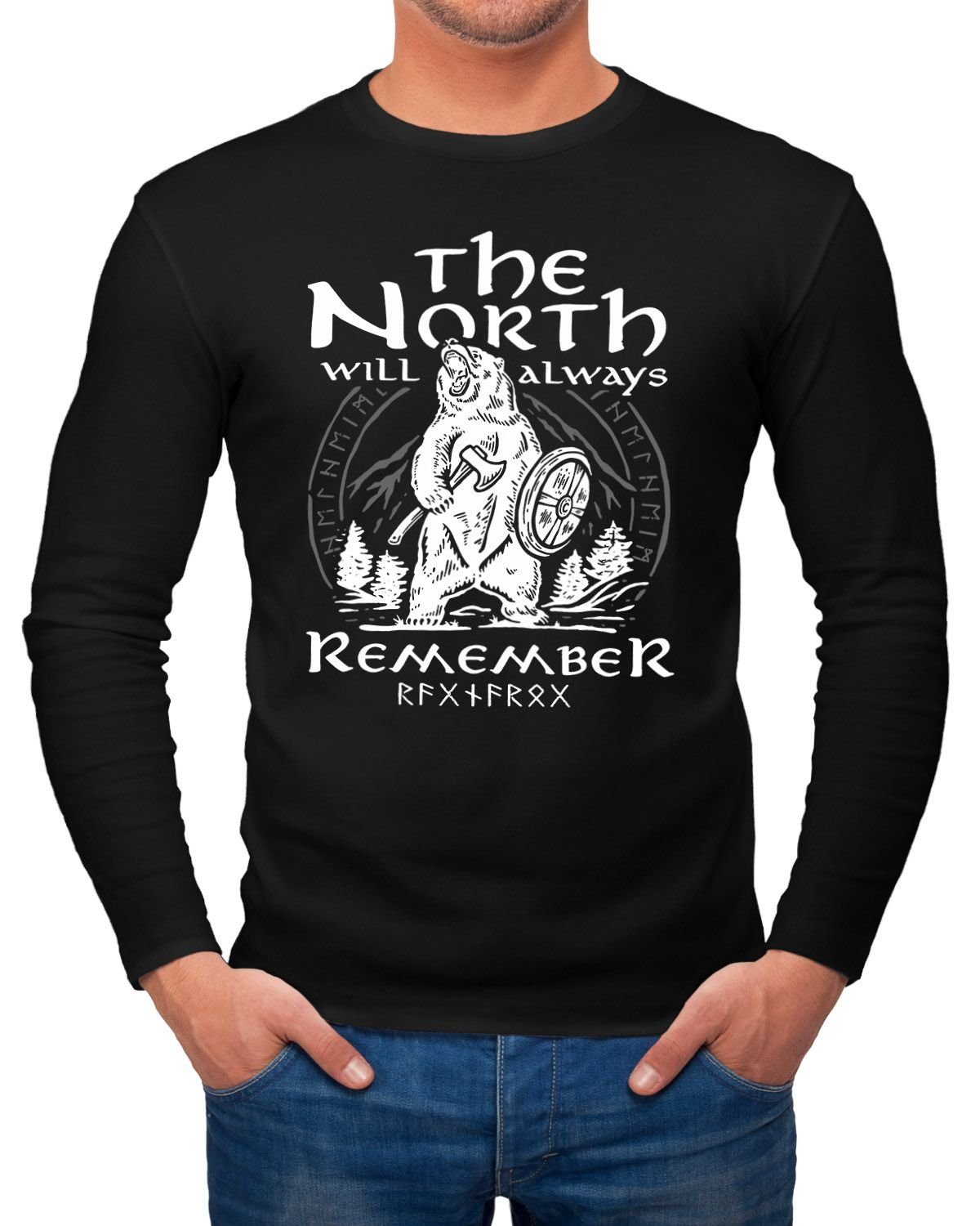 Longsleeve Herren Longsleeve Bär Wiking Adventure Runen the North Natur Print Aufdruck Langarm-Shirt Fashion Streetstyle Neverless®