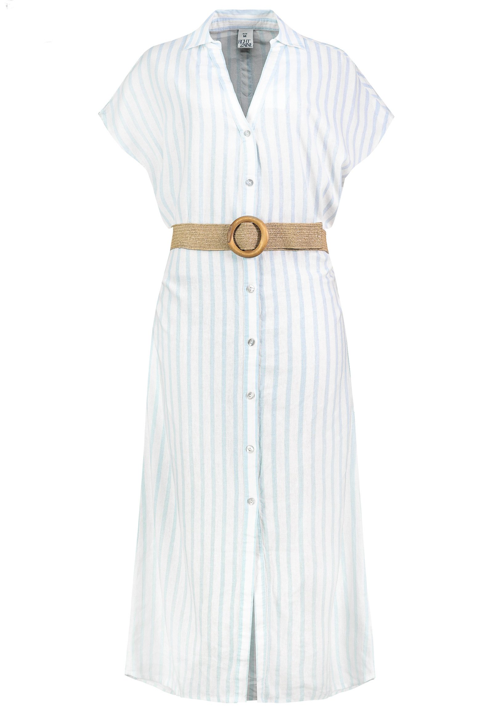 Eight2Nine A-Linien-Kleid Damen Blusenkleid mit Bastgürtel Sommerkleid, Leinen-Viskose-Mix, elastische Taille, gestreift oder uni