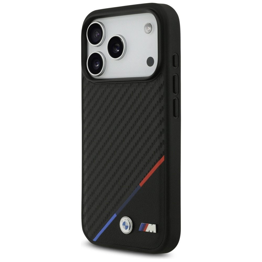 BMW Handyhülle MagSafe iPhone 17 Pro Carbon-Look Tricolor schwarz Logo Metall 6,3 Zoll, Kantenschutz