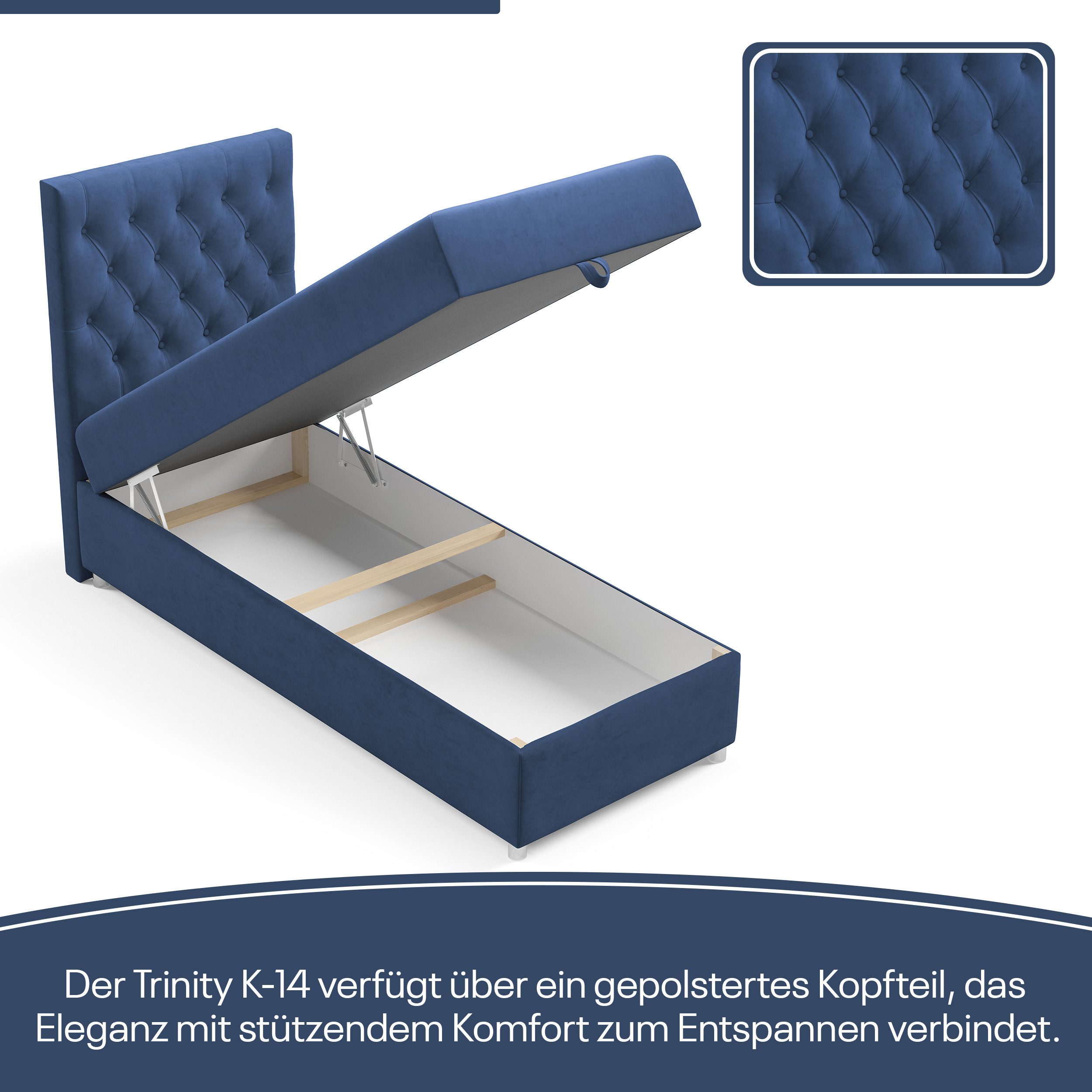 Best for Home Boxspringbett Trinity K-14 mit Bettkasten & PUR-Topper Komfort – Einzelbett (Komplettset, 1-St., 70x200 80x200 90x200 100x200 cm), Stauraumfunktion, 18 cm Bonellfederkernmatratze H3