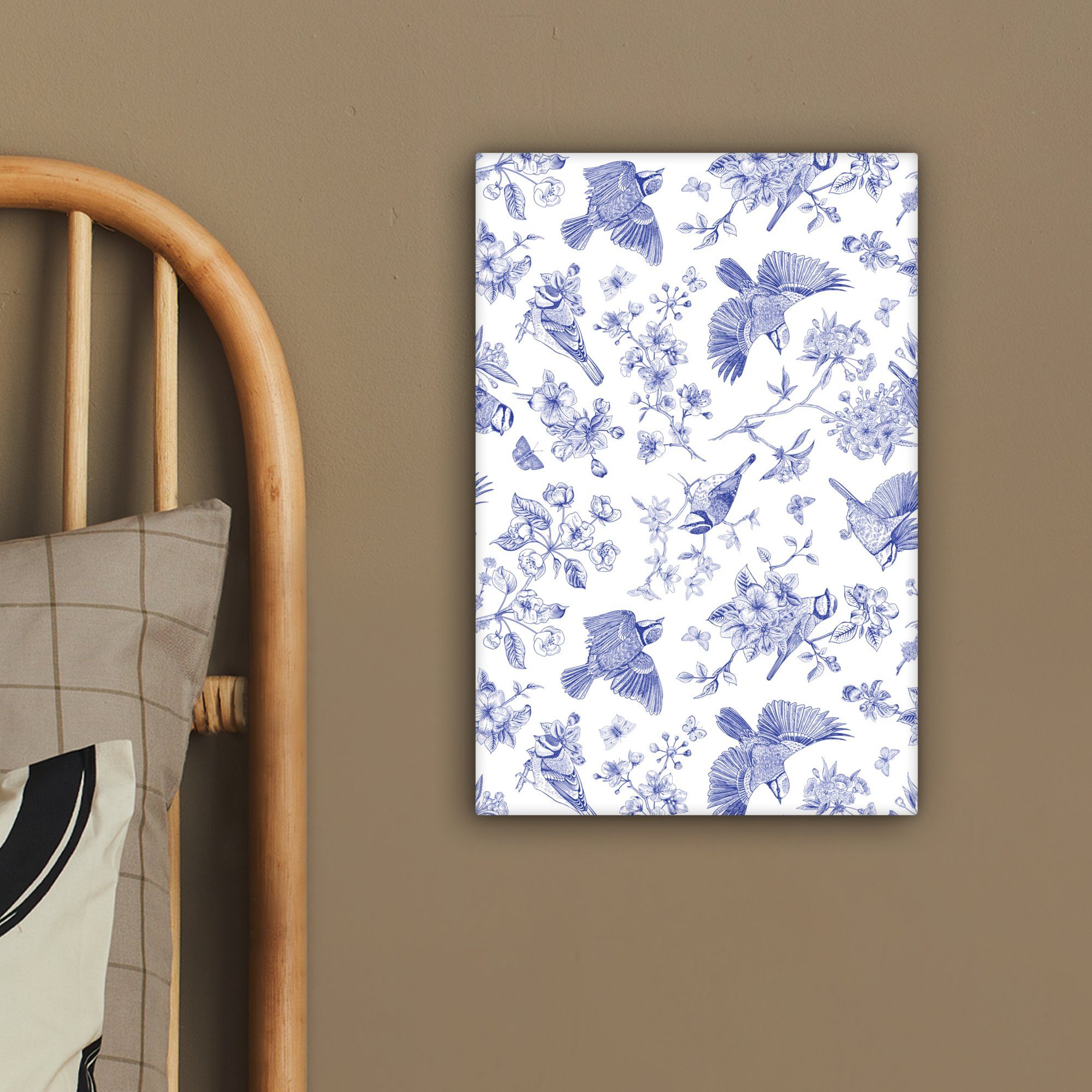 Leinwandbild cm - bespannt 20x30 Zackenaufhänger, St), Blau, (1 - Gemälde, Leinwandbild inkl. fertig Vogel Vintage Blumen OneMillionCanvasses® -