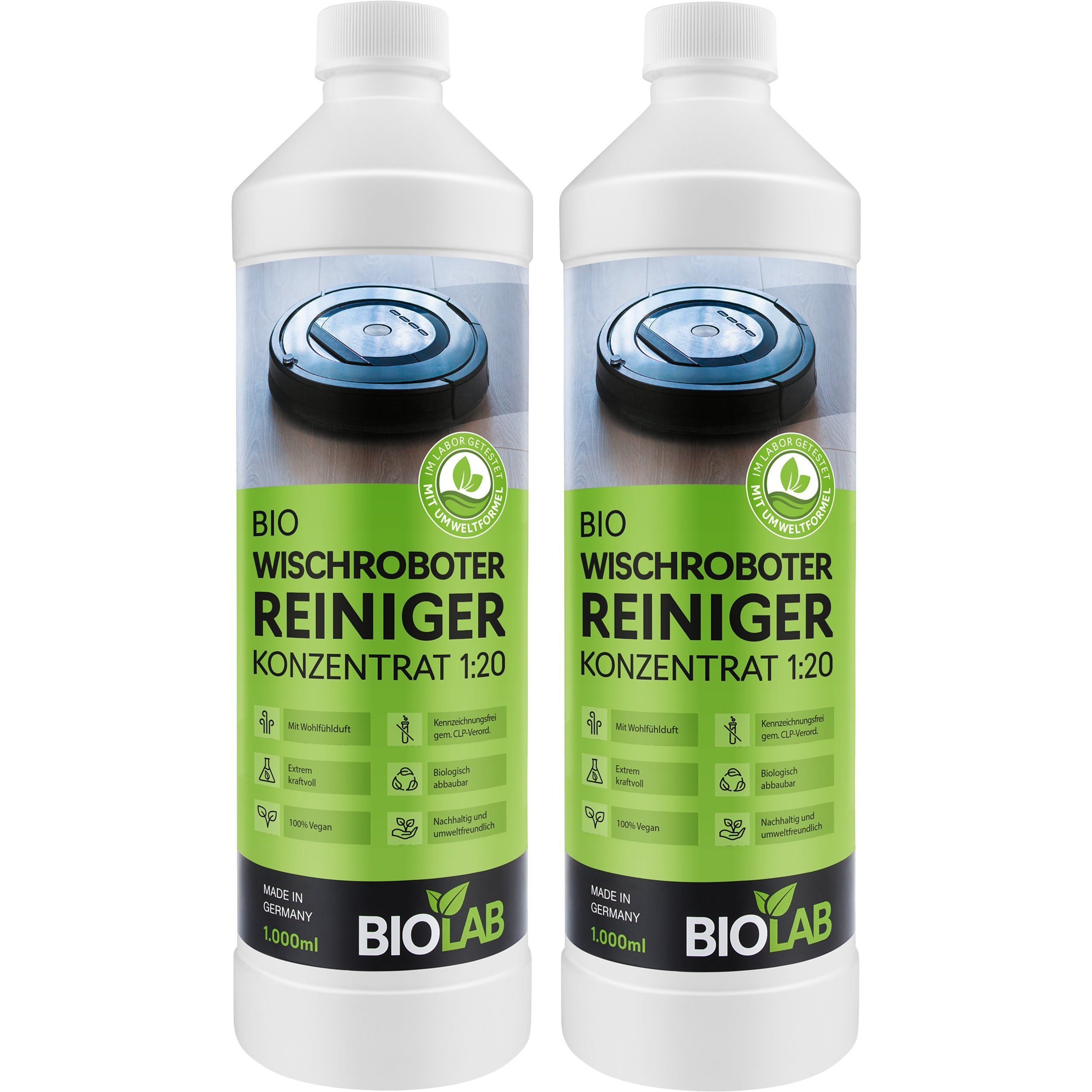 BIOLAB Bio Wischroboter Reinigungsmittel Fussbodenreiniger (Konzentrat 1:20, [2-St. 2 x 1000 ml Reiniger für Wischroboter)