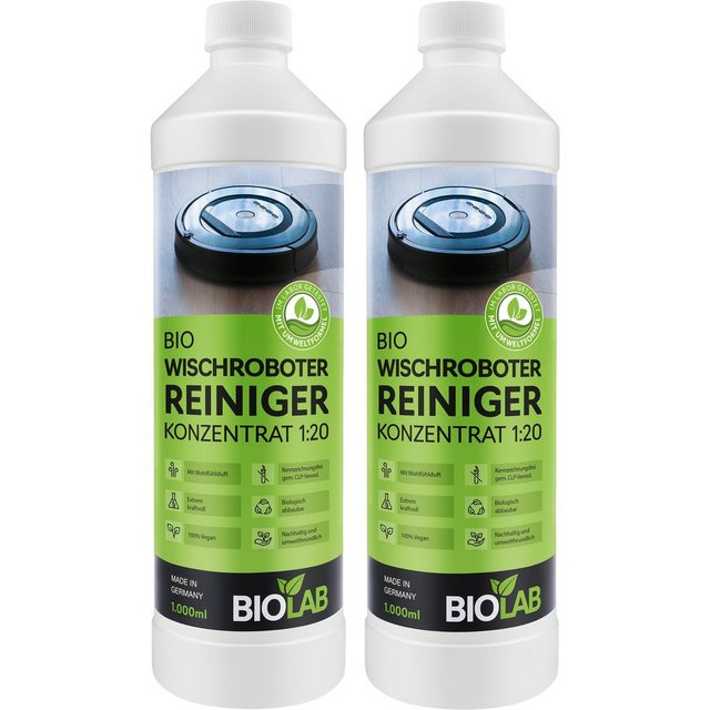 BIOLAB Bio Wischroboter Reinigungsmittel Fussbodenreiniger (Konzentrat 1:20, 2-tlg., 2 x 1000 ml Reiniger für Wischroboter)