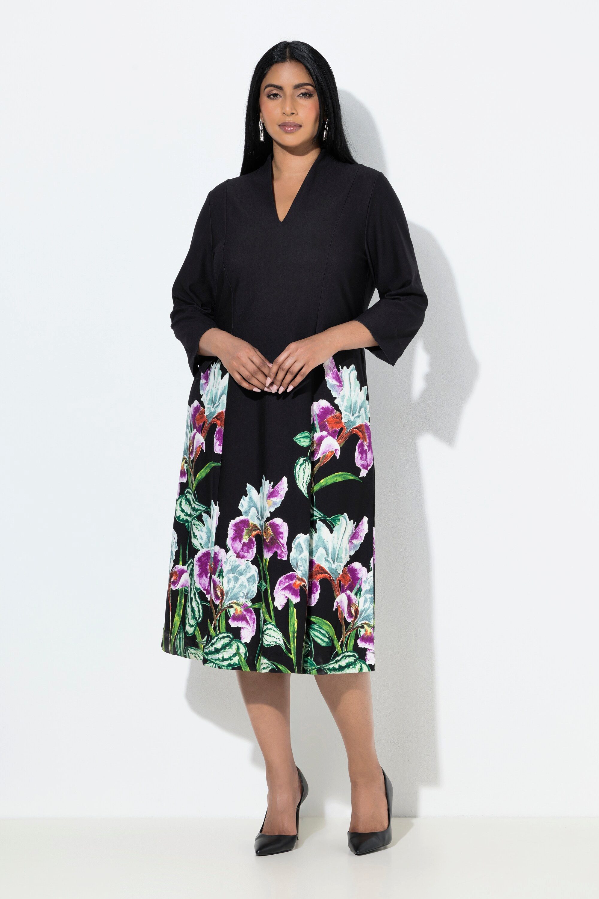 Ulla Popken Midikleid Punto-Midikleid A-Linie Kelchkragen 3/4-Arm