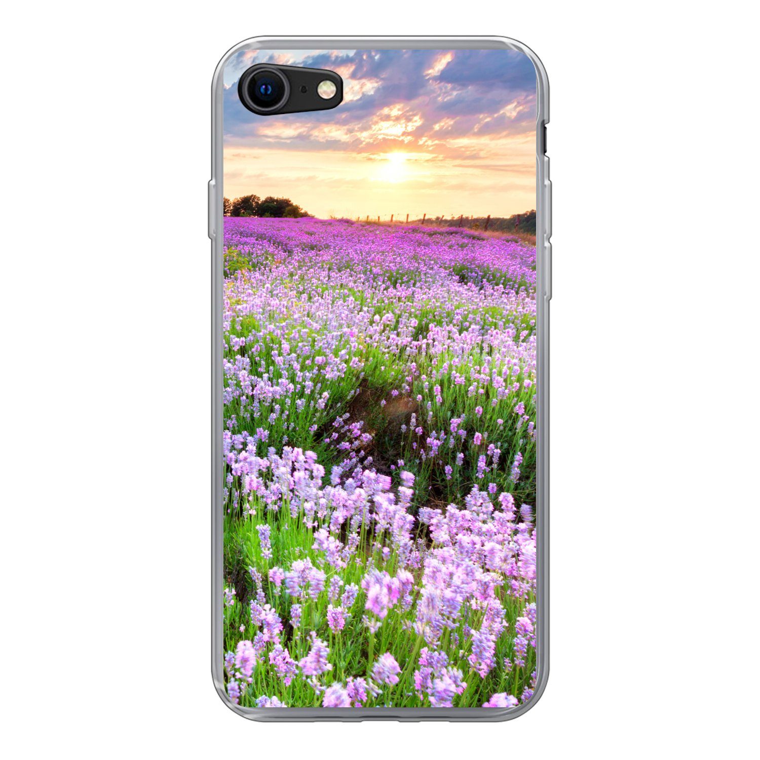MuchoWow Handyhülle für Apple iPhone 8 Blumen - Lavendel - Lila - Himmel - Sonnenuntergang, Smartphone-Bumper, Print, Handy Schutzhülle Dünn
