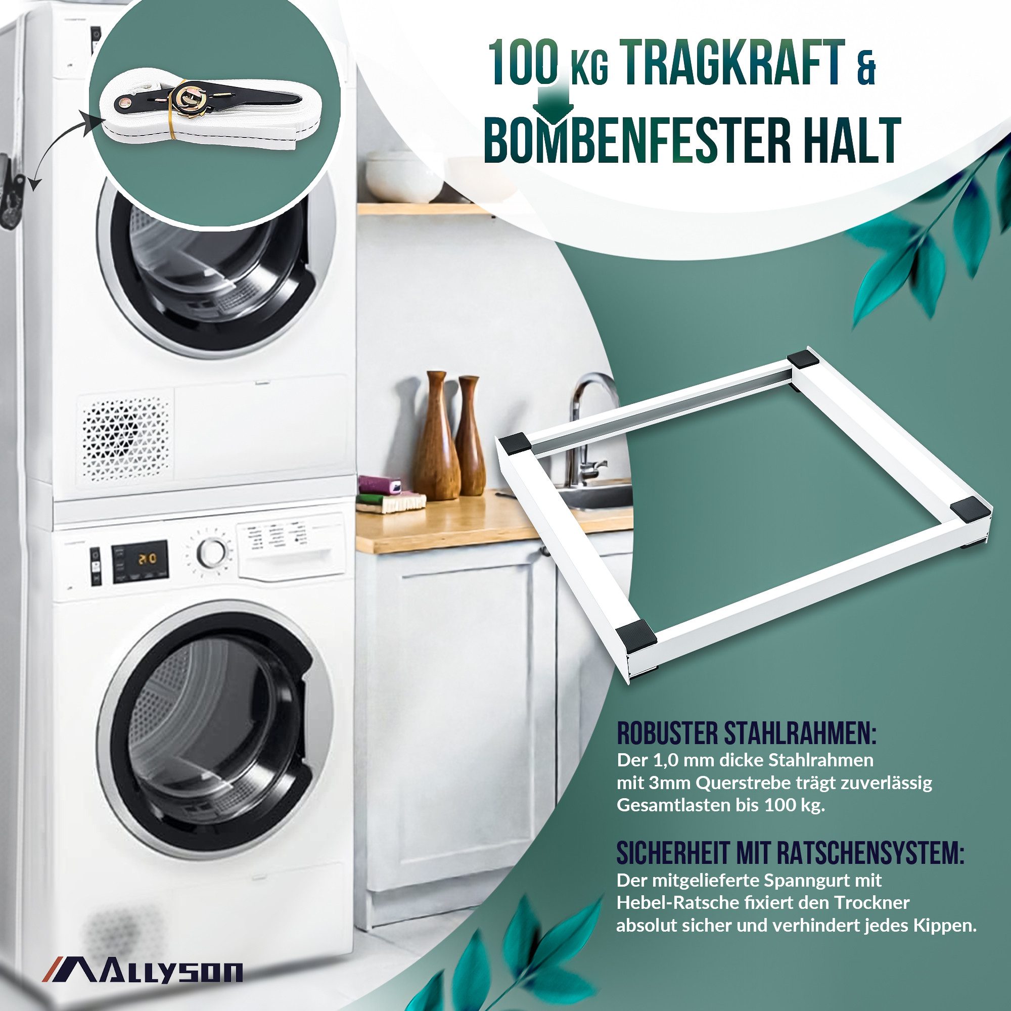 Allyson Zwischenbaurahmen Universal Zwischenbausatz für Waschmaschine & Trockner aus Metall (Montage-Set, Rahmen, Ratschen-Spanngurt, 8x Anti-Rutsch-Pads, Anleitung), Stahl-Rahmen für 60cm Geräte, 100kg Tragkraft, inkl. Gurt & Pads.