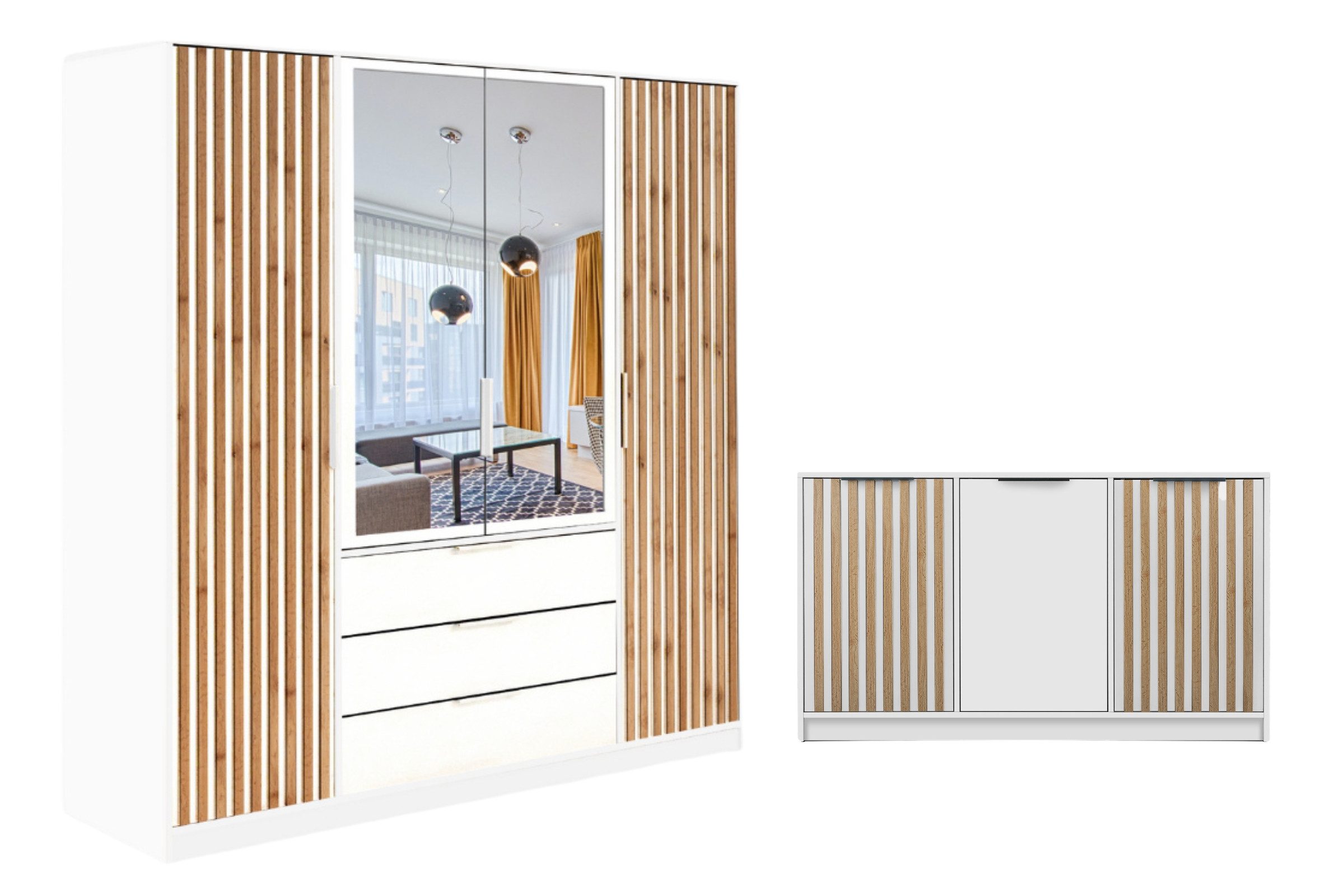 Deine Möbel 24 Schlafzimmer-Set Set E LABOO LUX 4D & LABOO LUX D3 Kleiderschrank & Kommode Set, (Set, 2-tlg., Drehtürenschrank & Kommode ideal für Schlafzimmer), Lamellen, Eiche Wotan, Schwarz oder Weiß matt